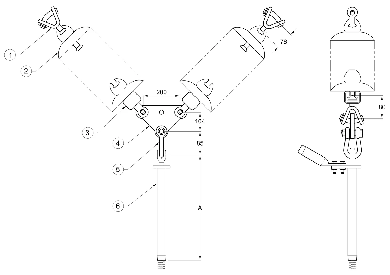 Plano 2D — Conjunto de tensión en "V" 1 C/F con doble cadena de aisladores, conductores 477, 795, 900, 1113 ACSR, 115-230 KV