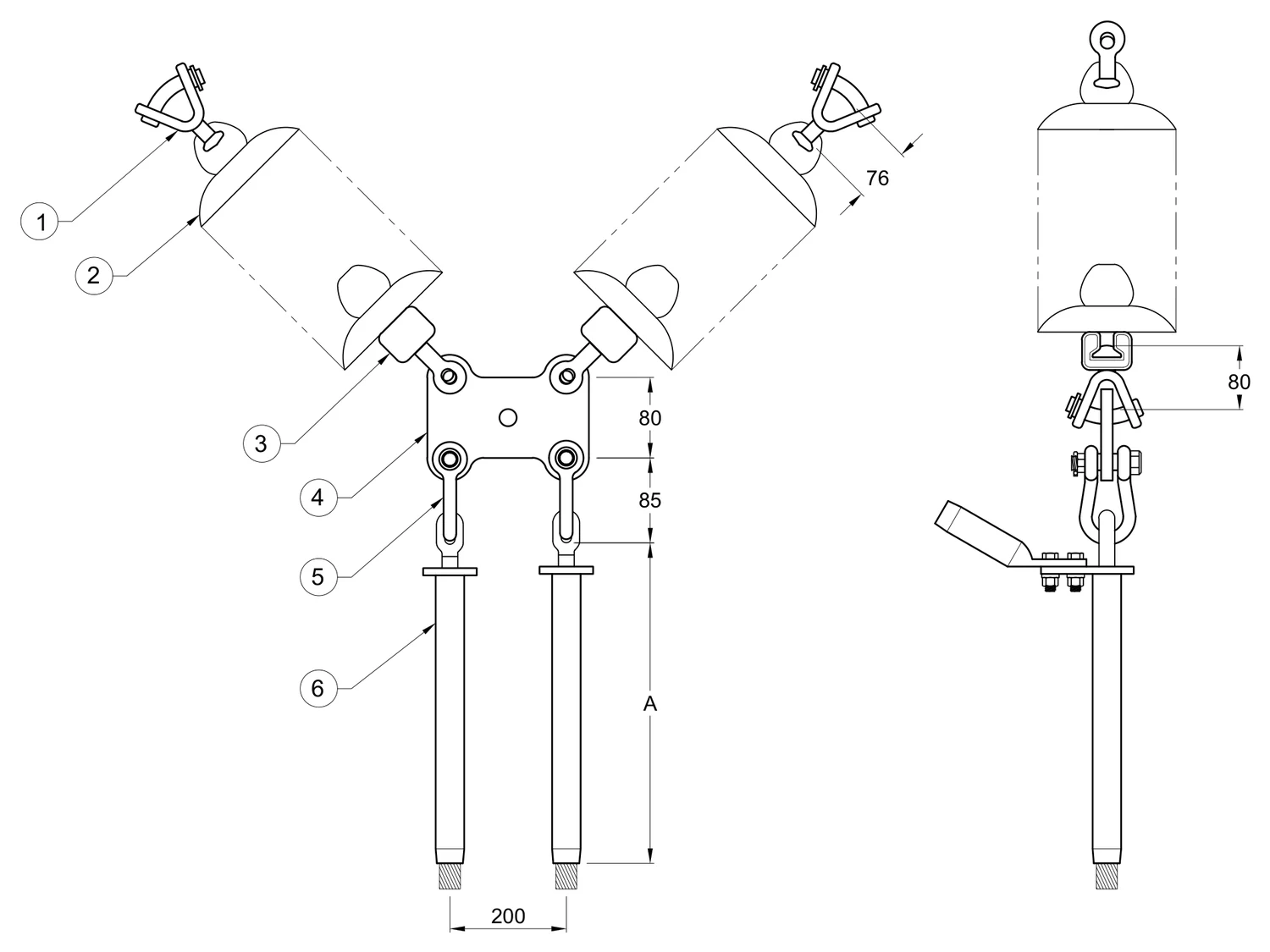 Plano 2D — Conjunto de tensión en "V" 2 C/F con doble cadena de aisladores, Yugo rectangular conductores 477, 795, 900, 1113 ACSR, 115-230 KV