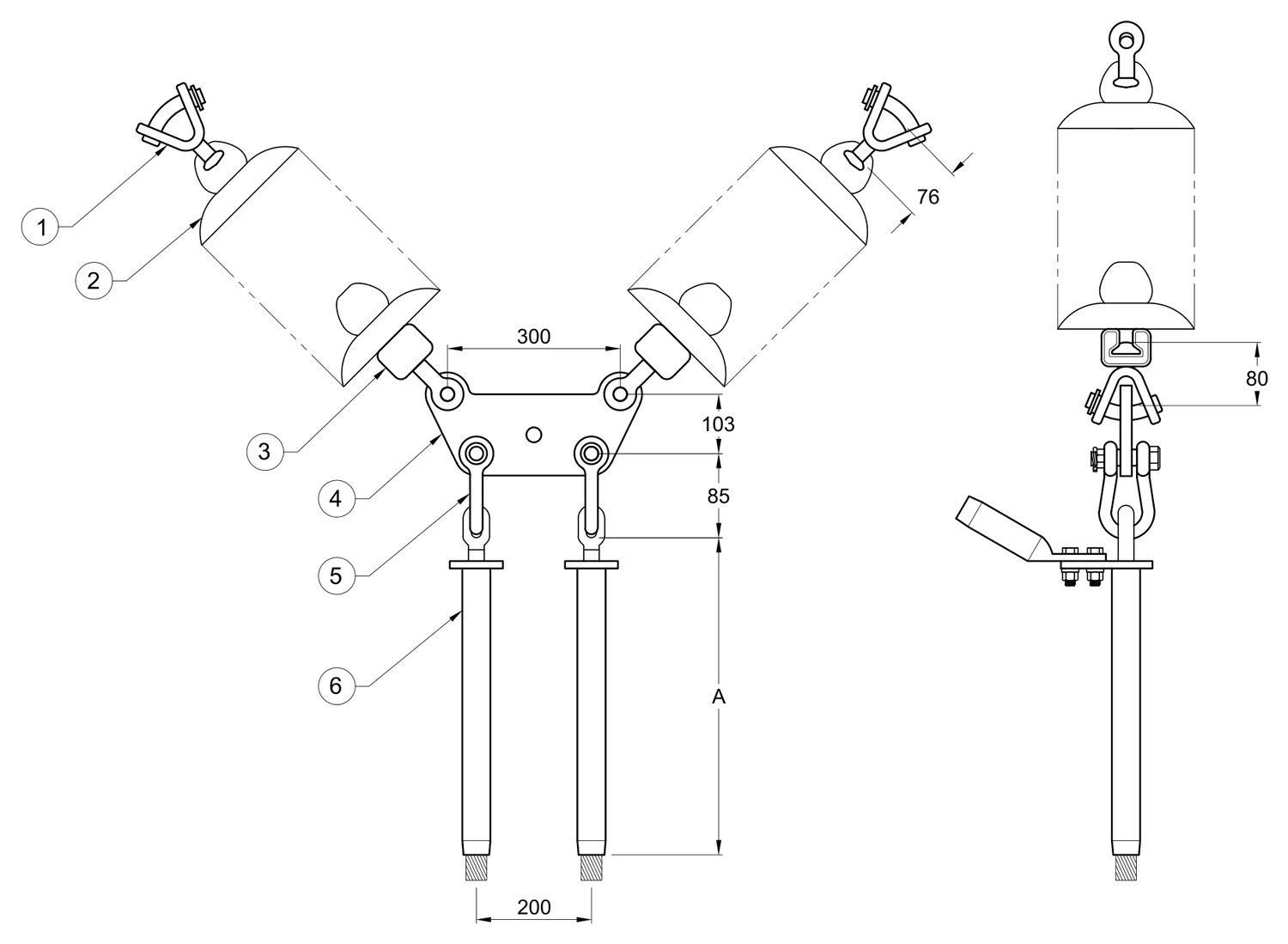 Plano 2D — Conjunto de tensión en "V" 2 C/F con doble cadena de aisladores, Yugo trapezoidal conductores 477, 795, 900, 1113 ACSR, 115-230 KV