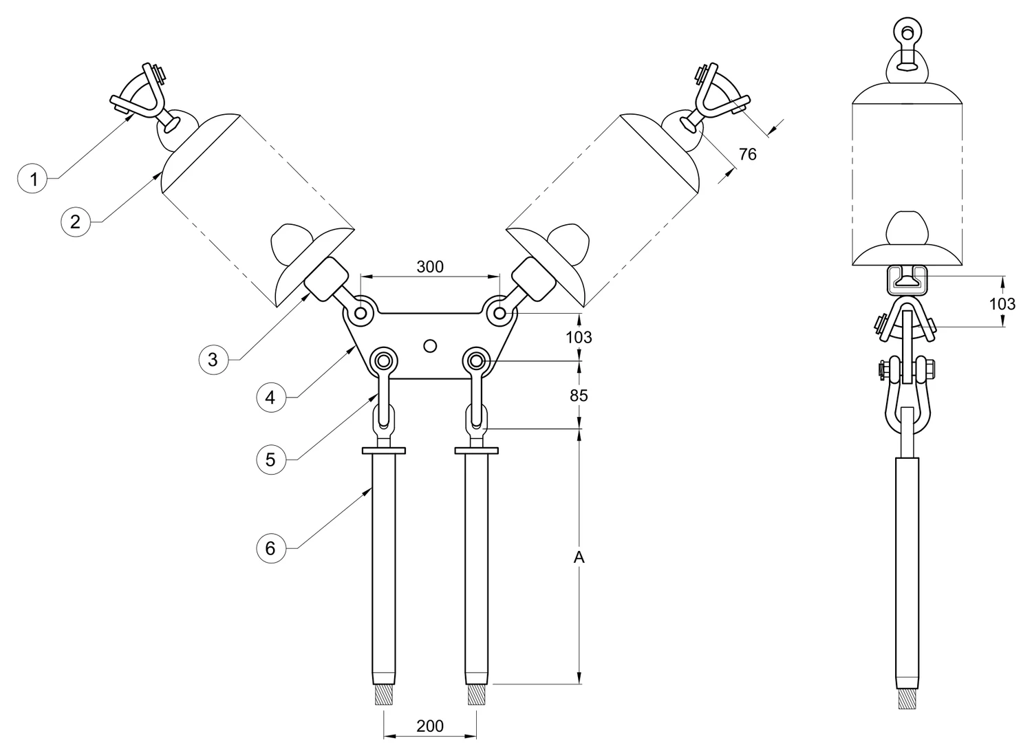 Plano 2D — Conjunto de remate ciego en "V" 2 C/F con doble cadena de aisladores, Yugo trapezoidal conductores 477-795-900-1113 ACSR, 115-230 KV
