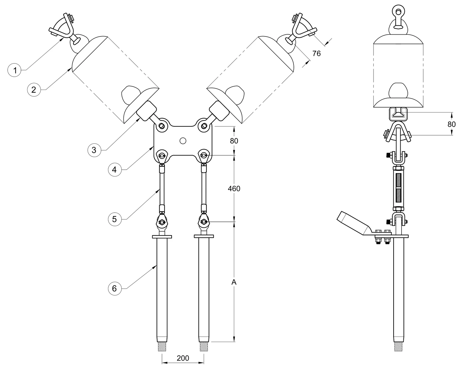 Plano 2D — Conjunto de tensión en "V" 2 C/F con doble cadena de aisladores con tensores, Yugo rectangular conductores 477, 795, 900, 1113 ACSR, 115-230 KV
