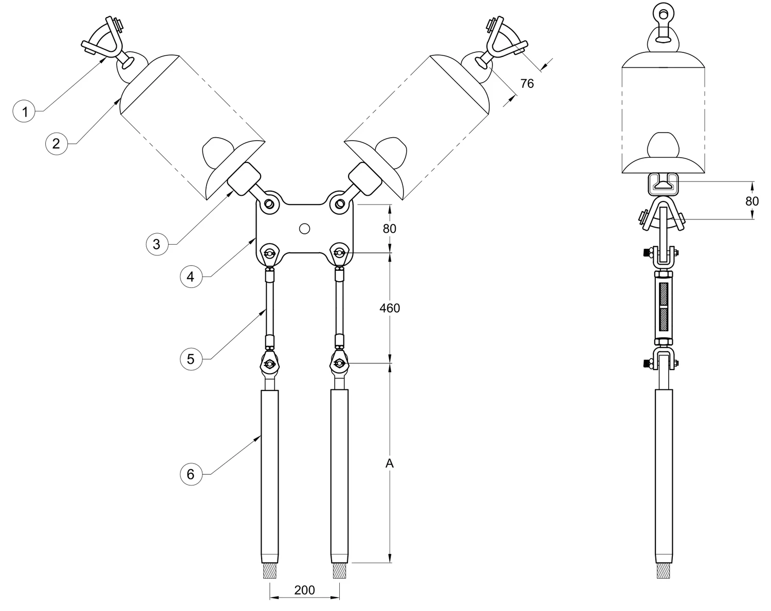 Plano 2D — Conjunto de remate ciego en "V" 2 C/F con doble cadena de aisladores con tensores, Yugo rectangular conductores 477-795-900-1113 ACSR, 115-230 KV