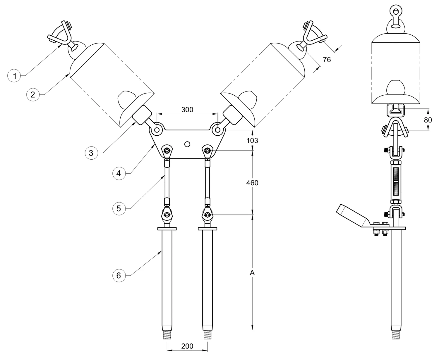 Plano 2D — Conjunto de tensión en "V" 2 C/F con doble cadena de aisladores con tensores, Yugo trapezoidal conductores 477, 795, 900, 1113 ACSR, 115-230 KV