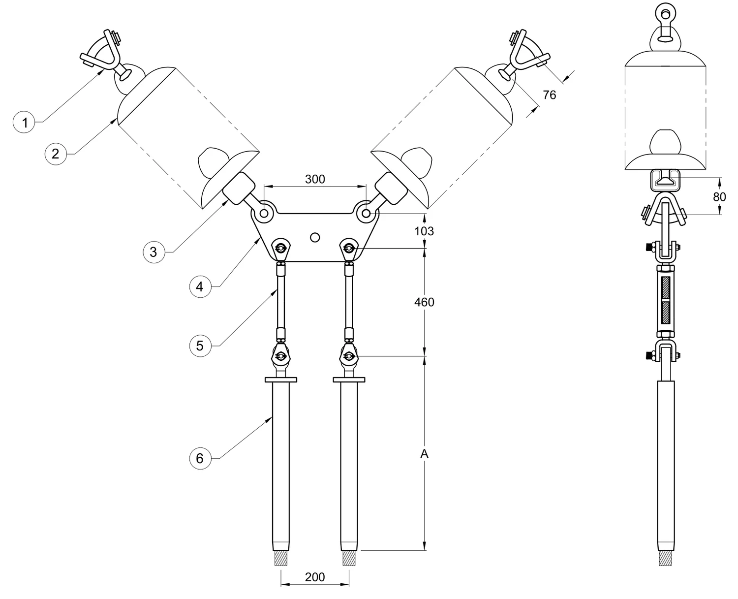 Plano 2D — Conjunto de remate ciego en "V" 2 C/F con doble cadena de aisladores con tensores, Yugo Trapezoidal conductores 477, 795, 900, 1113 ACSR, 115-230 KV