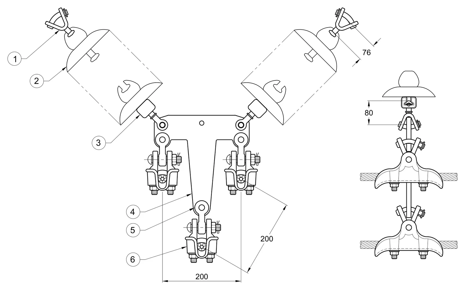 Plano 2D — Conjunto de suspensión en "V" 3 C/F 1113 ACSR, 230 KV