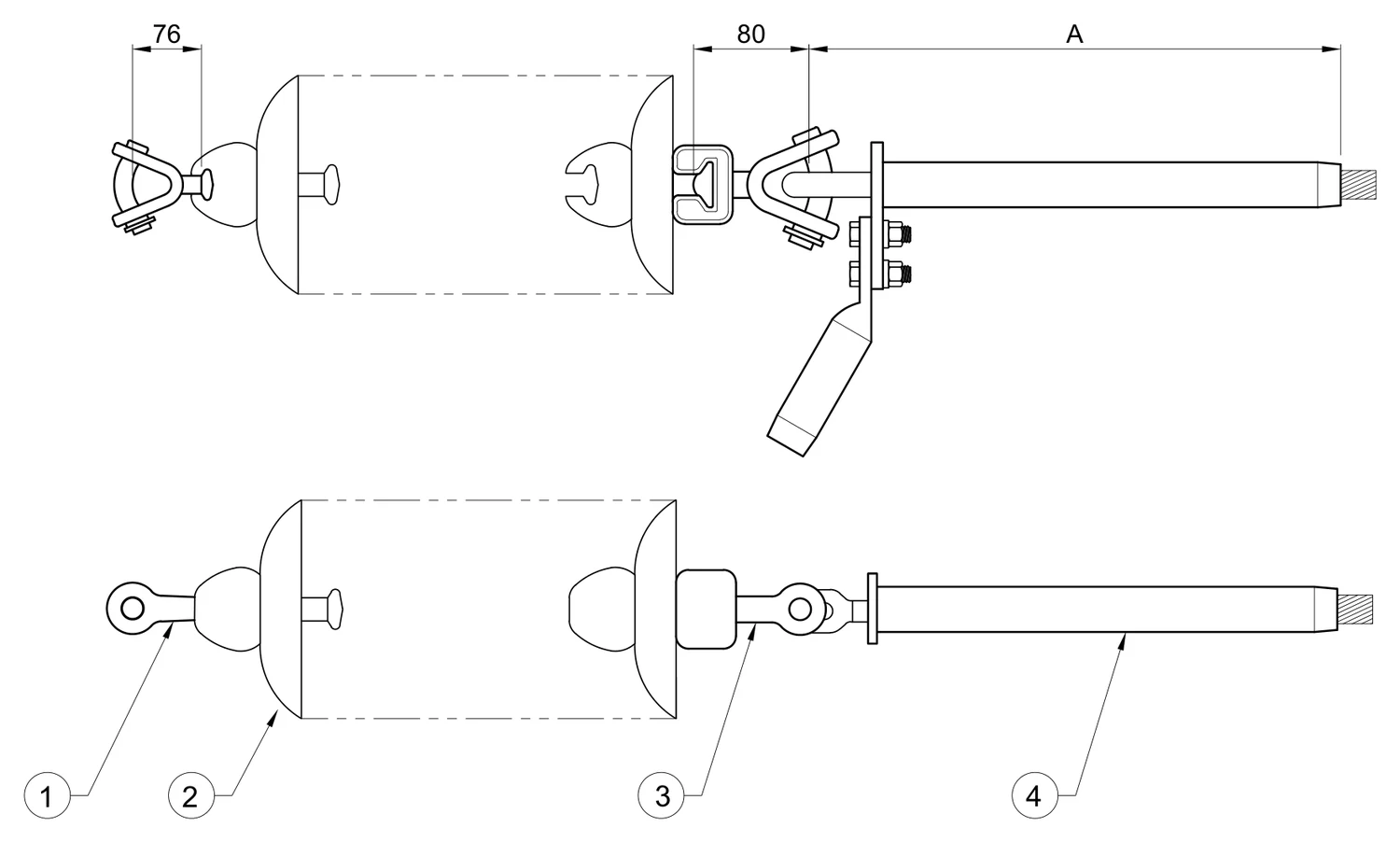Plano 2D — Conjunto de tensión 1 C/F con una cadena de aisladores, conductores 477, 795, 900, 1113 ACSS, 115-230 KV (alta temperatura)