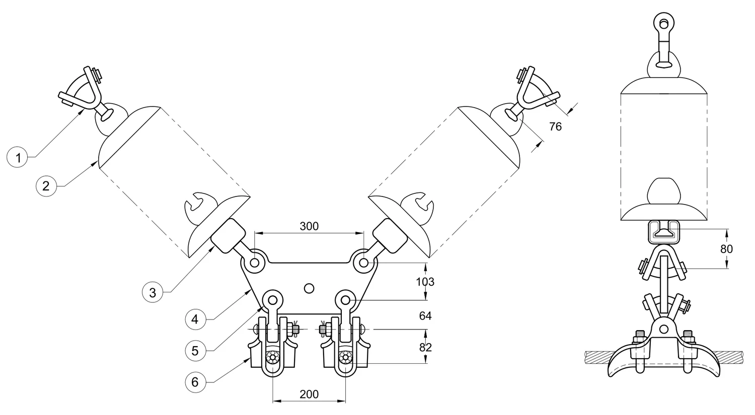 Plano 2D — Conjunto de suspensión en "V" Yugo trapezoidal 2 C/F 1113 ACSS, 230 KV (alta temperatura)