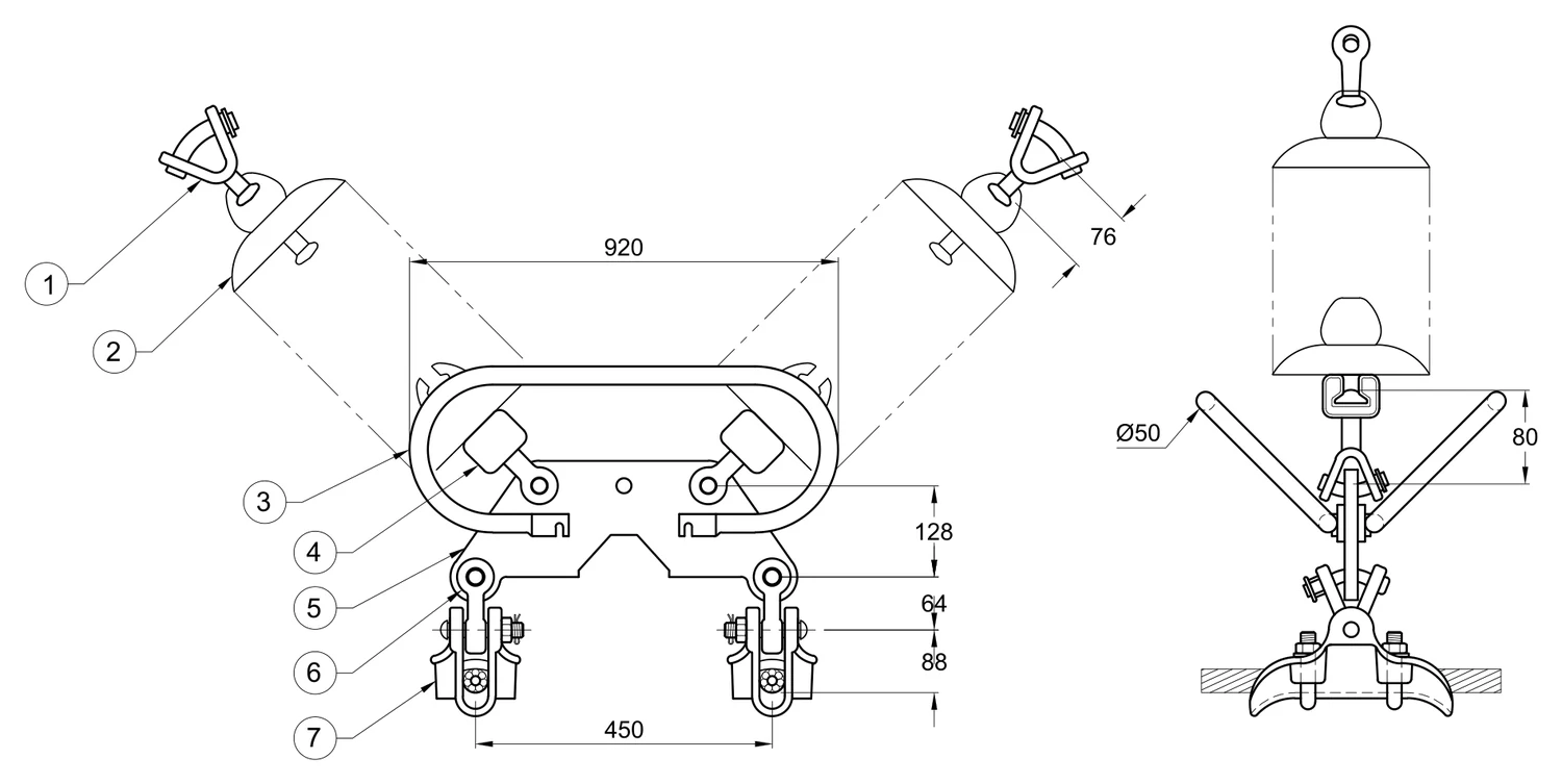 Plano 2D — Conjunto de suspensión en "V" 2 C/F 1113 ACSS, 400 KV (alta temperatura)