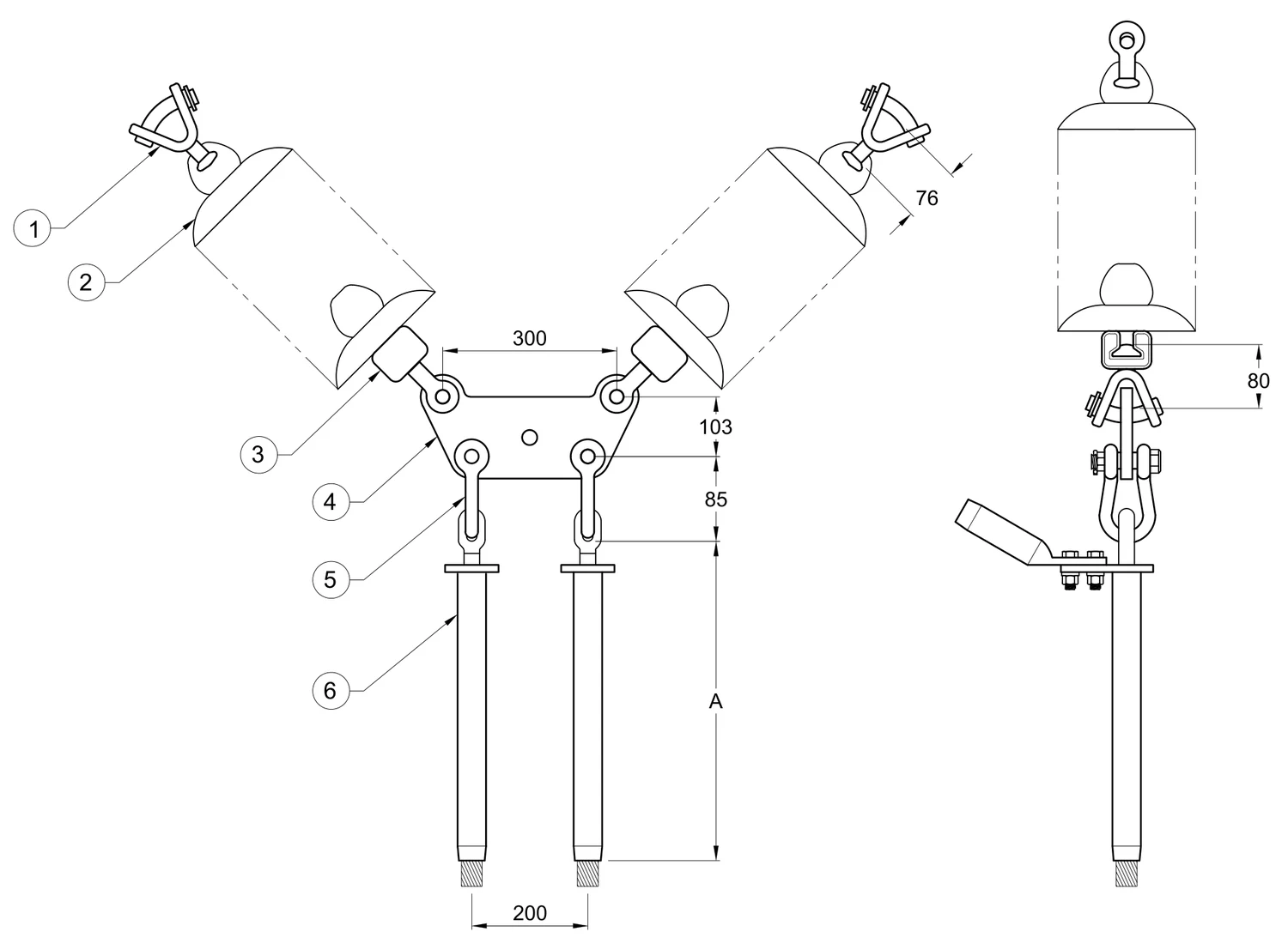 Plano 2D — Conjunto de tensión en "V" 2 C/F con doble cadena de aisladores, Yugo trapezoidal conductor 1113 ACSS, 230 KV (alta temperatura)