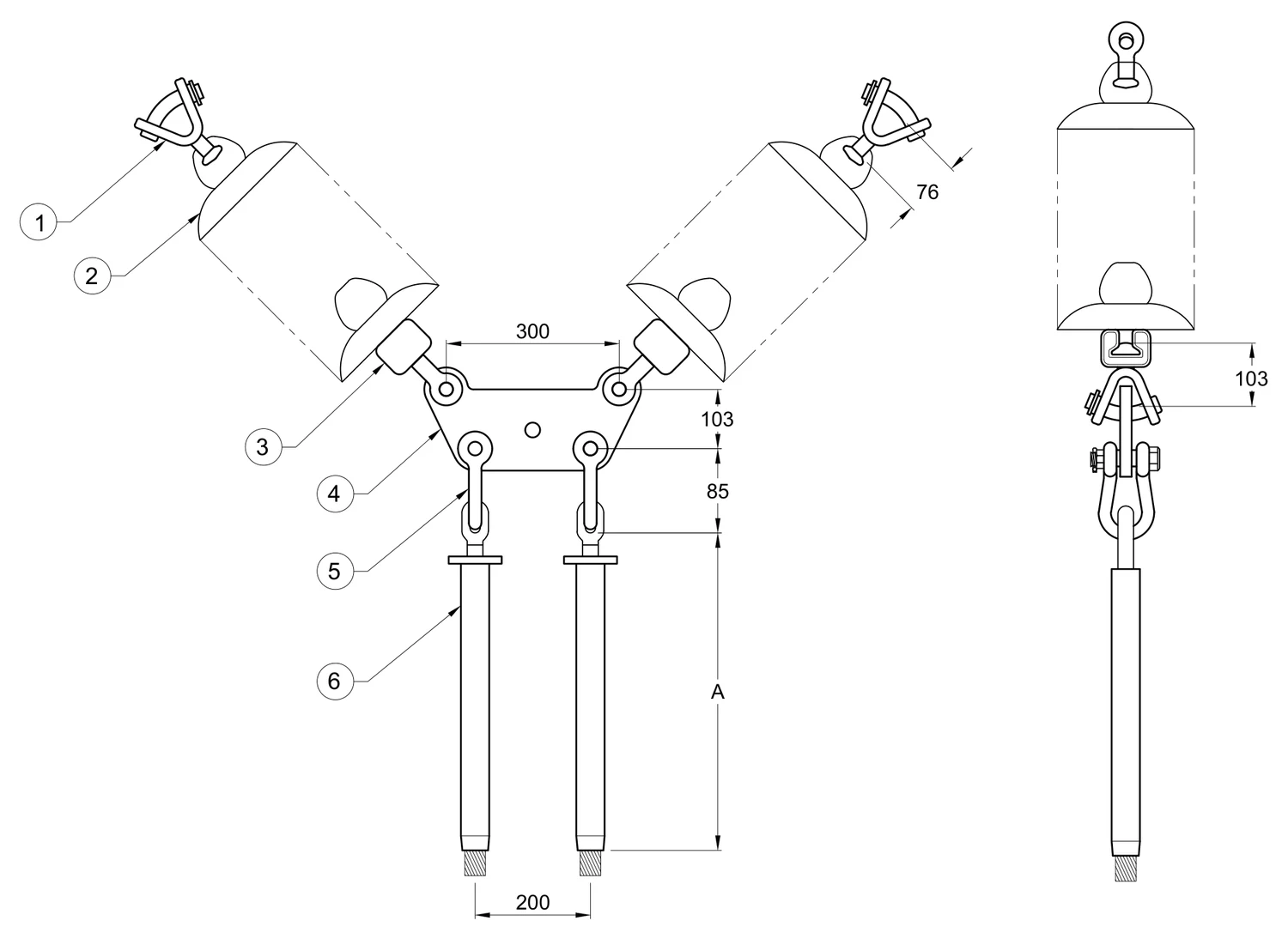 Plano 2D — Conjunto de remate ciego en "V" 2 C/F con doble cadena de aisladores, Yugo trapezoidal conductor 1113 ACSS, 115-230 KV (alta temperatura)