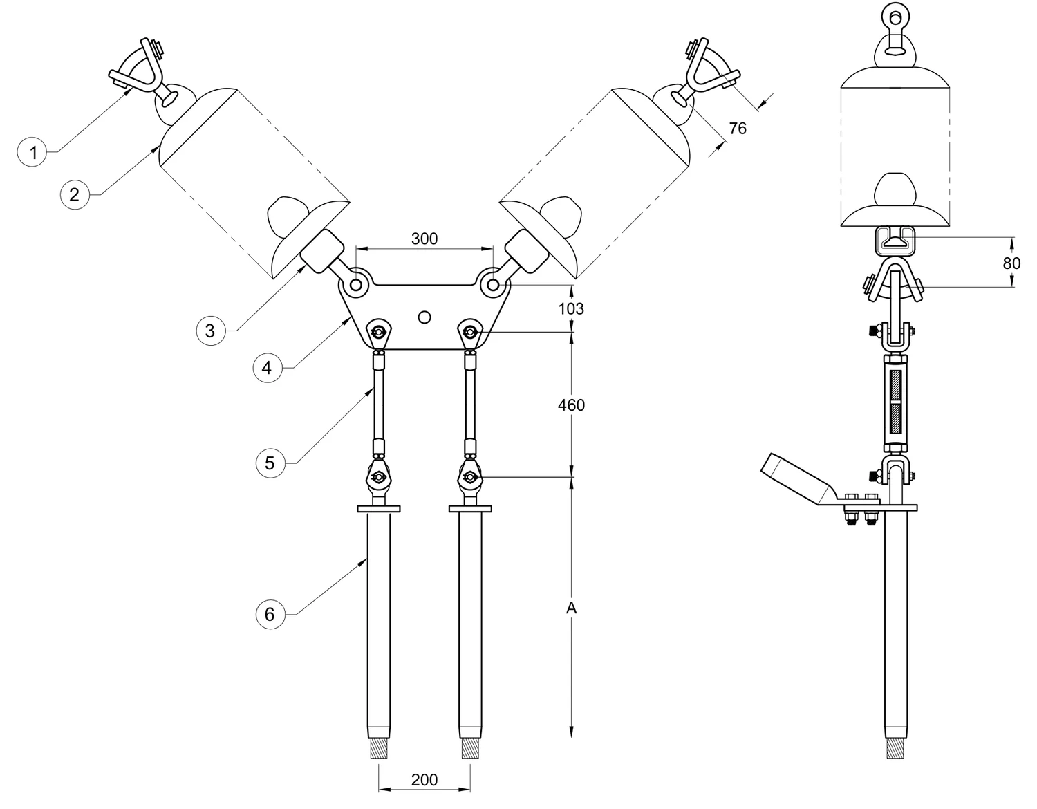 Plano 2D — Conjunto de tensión en "V" 2 C/F con doble cadena de aisladores con tensores, Yugo trapezoidal conductor 1113 ACSS, 230 KV (alta temperatura)