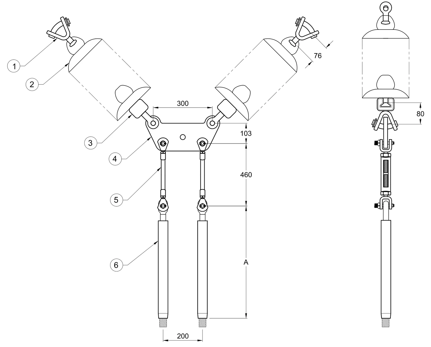 Plano 2D — Conjunto de remate ciego en "V" 2 C/F con doble cadena de aisladores con tensores, Yugo trapezoidal conductor 1113 ACSS, 230 KV (alta temperatura)