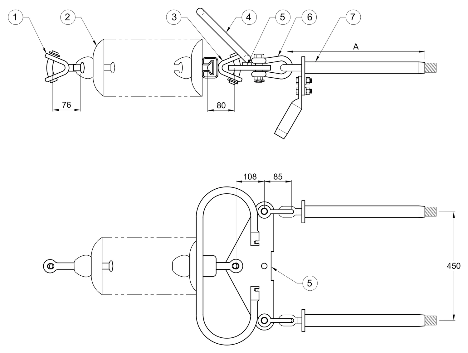Plano 2D — Conjunto de tensión 2 C/F con una cadena de aisladores, conductor 1113 ACSS, 400 KV (alta temperatura)