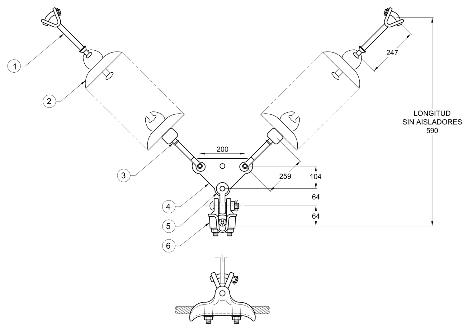 Plano 2D — Conjunto de suspensión en “V” 1 C/F conductor 477 ACSR, 69-161 KV