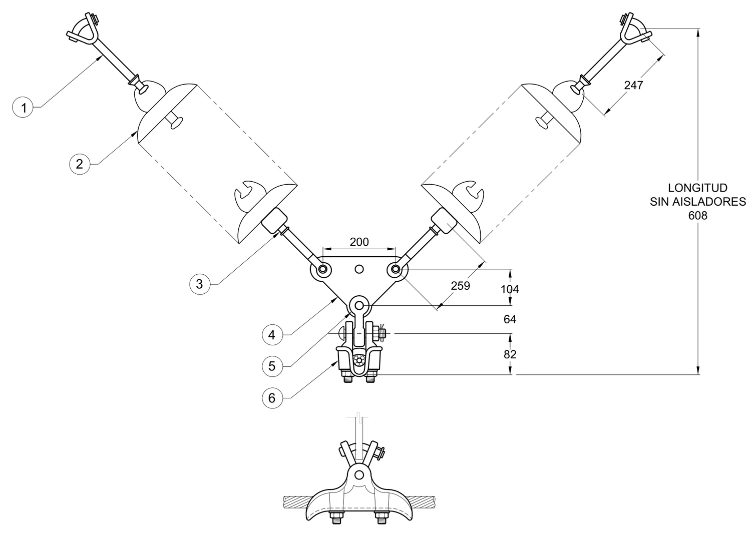 Plano 2D — Conjunto de suspensión en “V” 1 C/F conductores 795-1113 ACSR, 69-161 KV