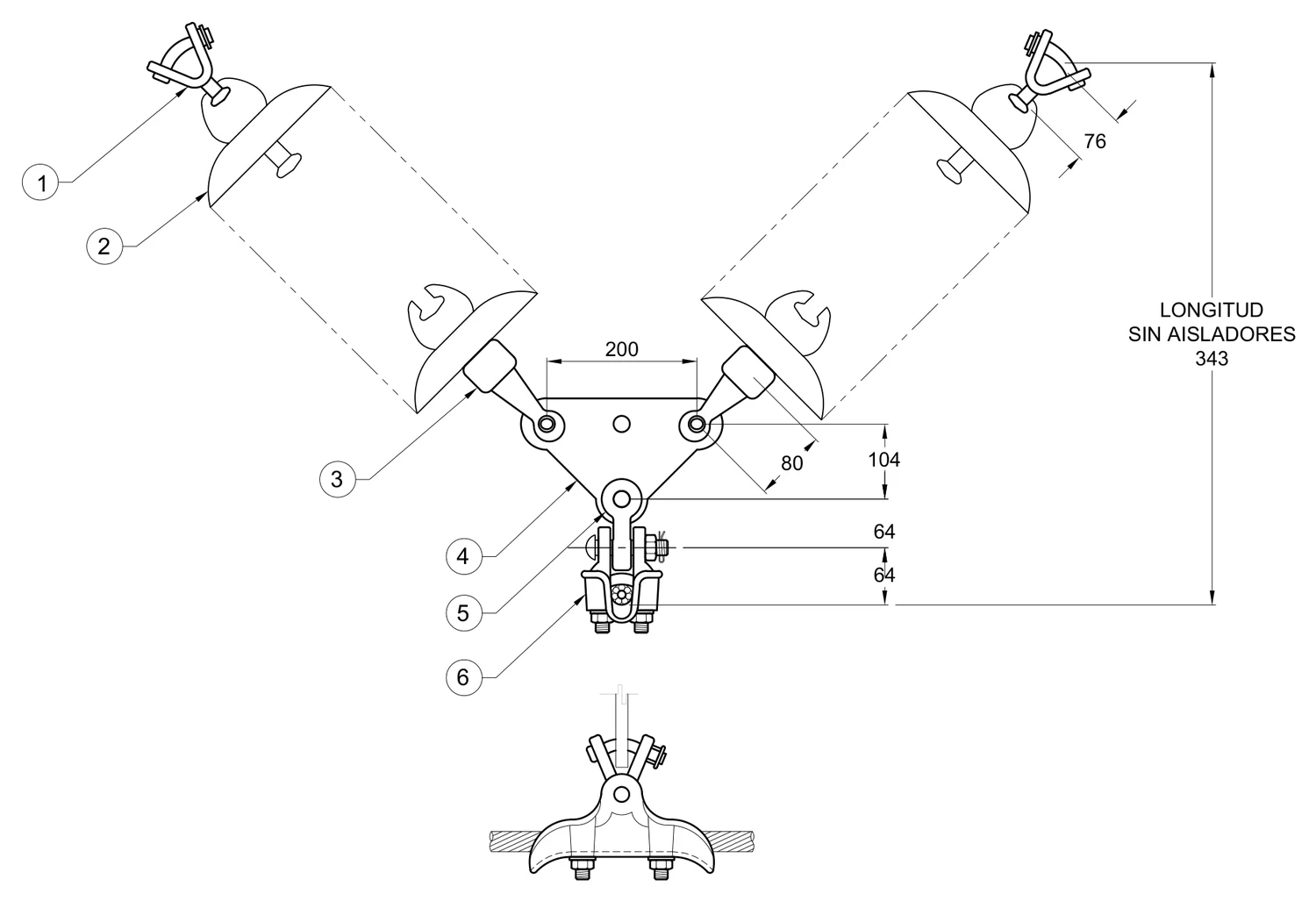 Plano 2D — Conjunto de suspensión en “V” 1 C/F conductor 477 ACSR, 69-161 KV
