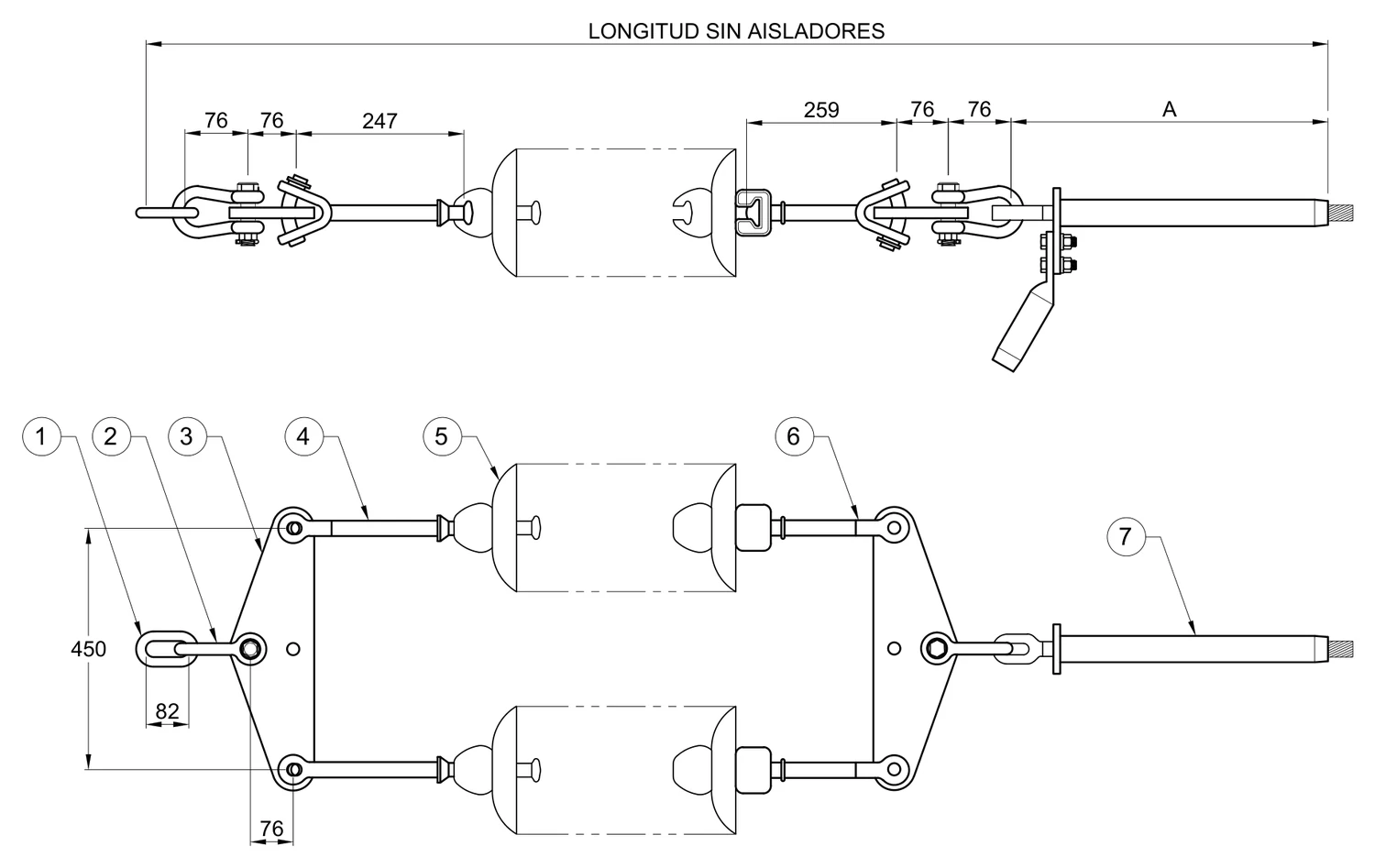 Plano 2D — Conjunto de tensión 1 C/F con doble cadena de aisladores conductores 477, 795, 900, 1113 ACSR, 69-161 KV
