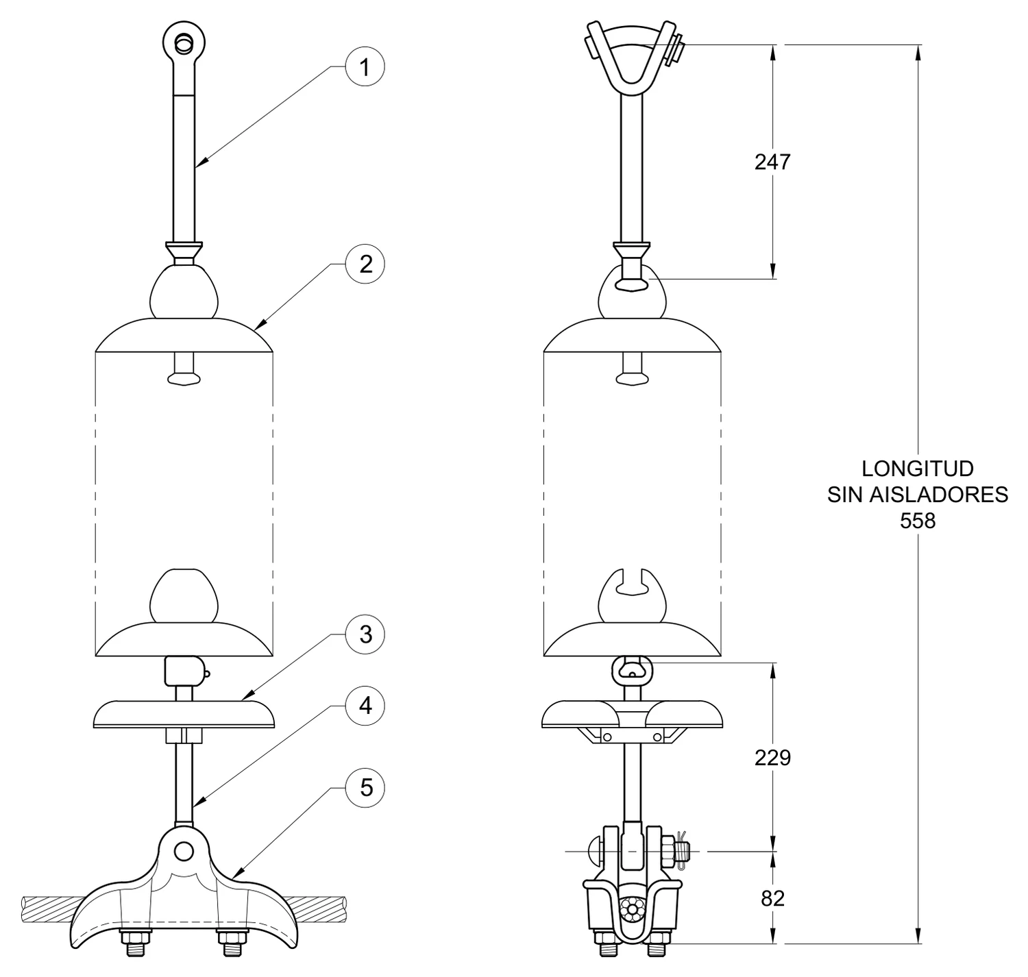 Plano 2D — Conjunto de suspensión vertical 1 C/F conductores 795, 1113 ACSR, 230 KV con anillo equipotencial
