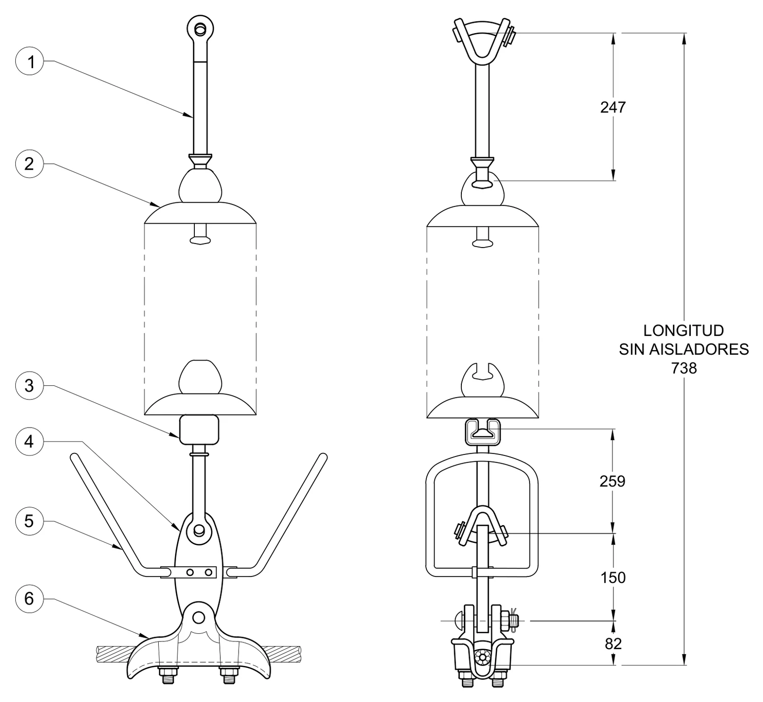 Plano 2D — Conjunto de suspensión vertical 1 C/F conductores 795, 1113 ACSR, 230 KV con raqueta equipotencial I