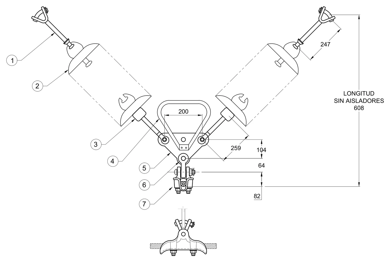 Plano 2D — Conjunto de suspensión en “V” 1 C/F conductores 795, 1113 ACSR, 230 KV con raqueta equipotencial V