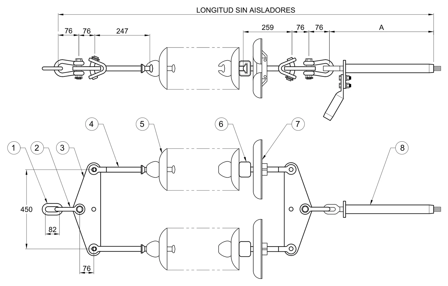 Plano 2D — Conjunto de tensión 1 C/F con doble cadena de aisladores conductores 477, 795, 900, 1113 ACSR, 230 KV con anillo equipotencial