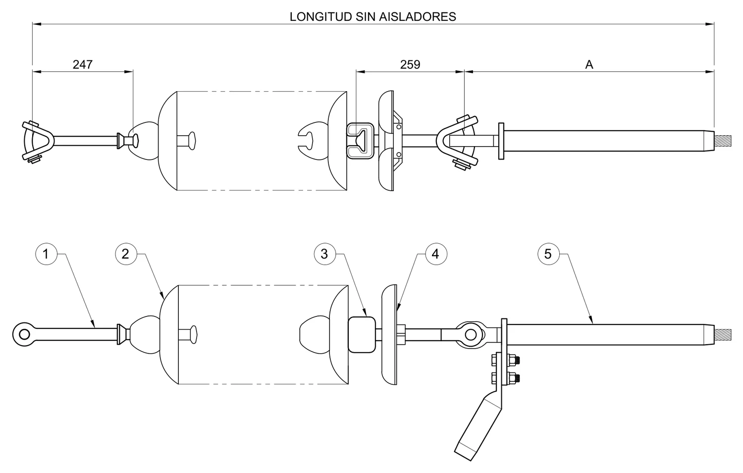 Plano 2D — Conjunto de tensión 1 C/F con una cadena de aisladores conductores 477, 795, 900, 1113 ACSR, 230 KV con anillo equipotencial