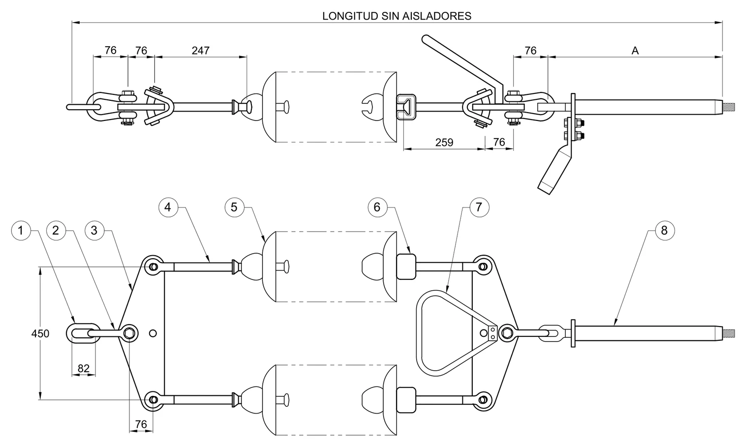 Plano 2D — Conjunto de tensión 1 C/F con doble cadena de aisladores conductores 477, 795, 900, 1113 ACSR, 230 KV con raqueta equipotencial V