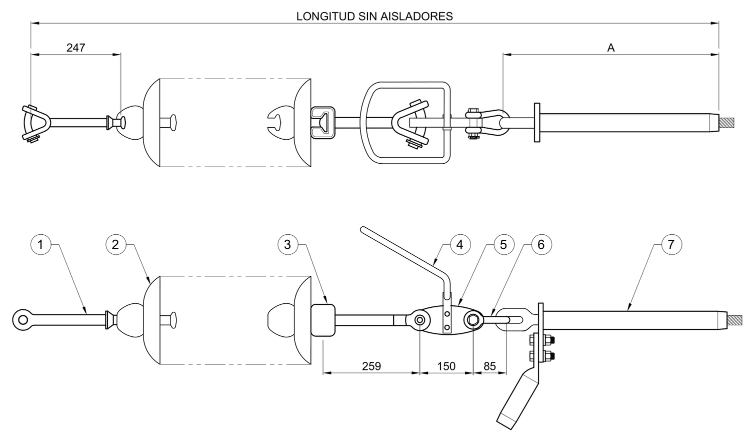 Plano 2D — Conjunto de tensión 1 C/F con una cadena de aisladores conductores 477, 795, 900, 1113 ACSR, 230 KV con raqueta equipotencial I