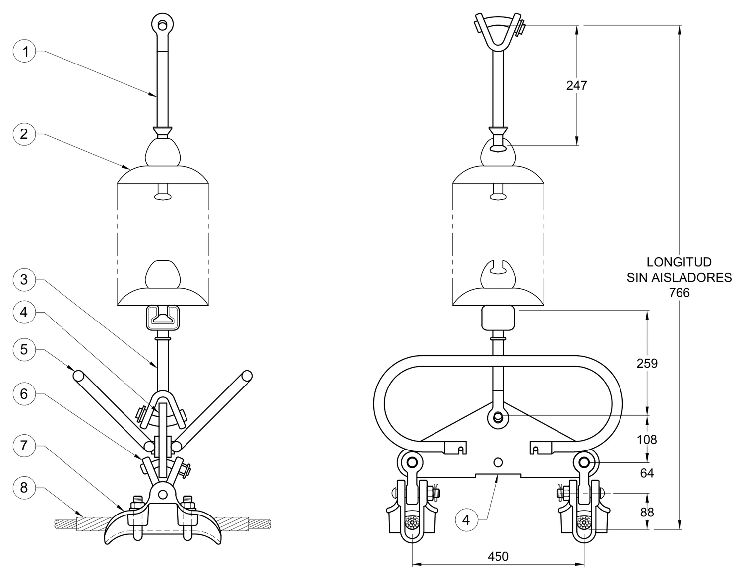 Plano 2D — Conjunto suspensión vertical 2 C/F 1113 ACSR, 230-400 KV