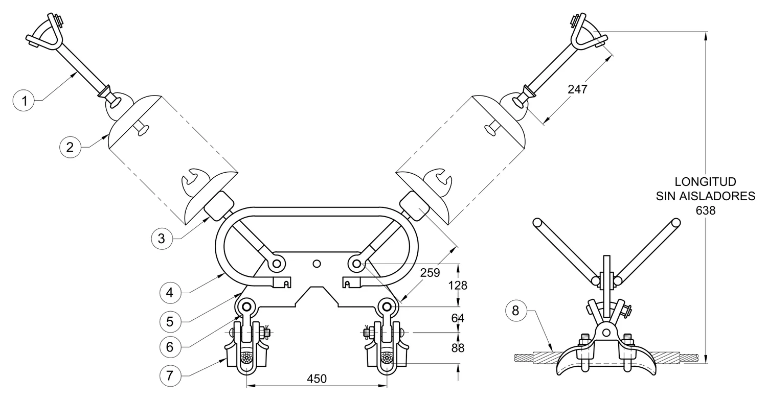 Plano 2D — Conjunto suspensión en “V” 2 C/F 1113 ACSR, 230-400 KV