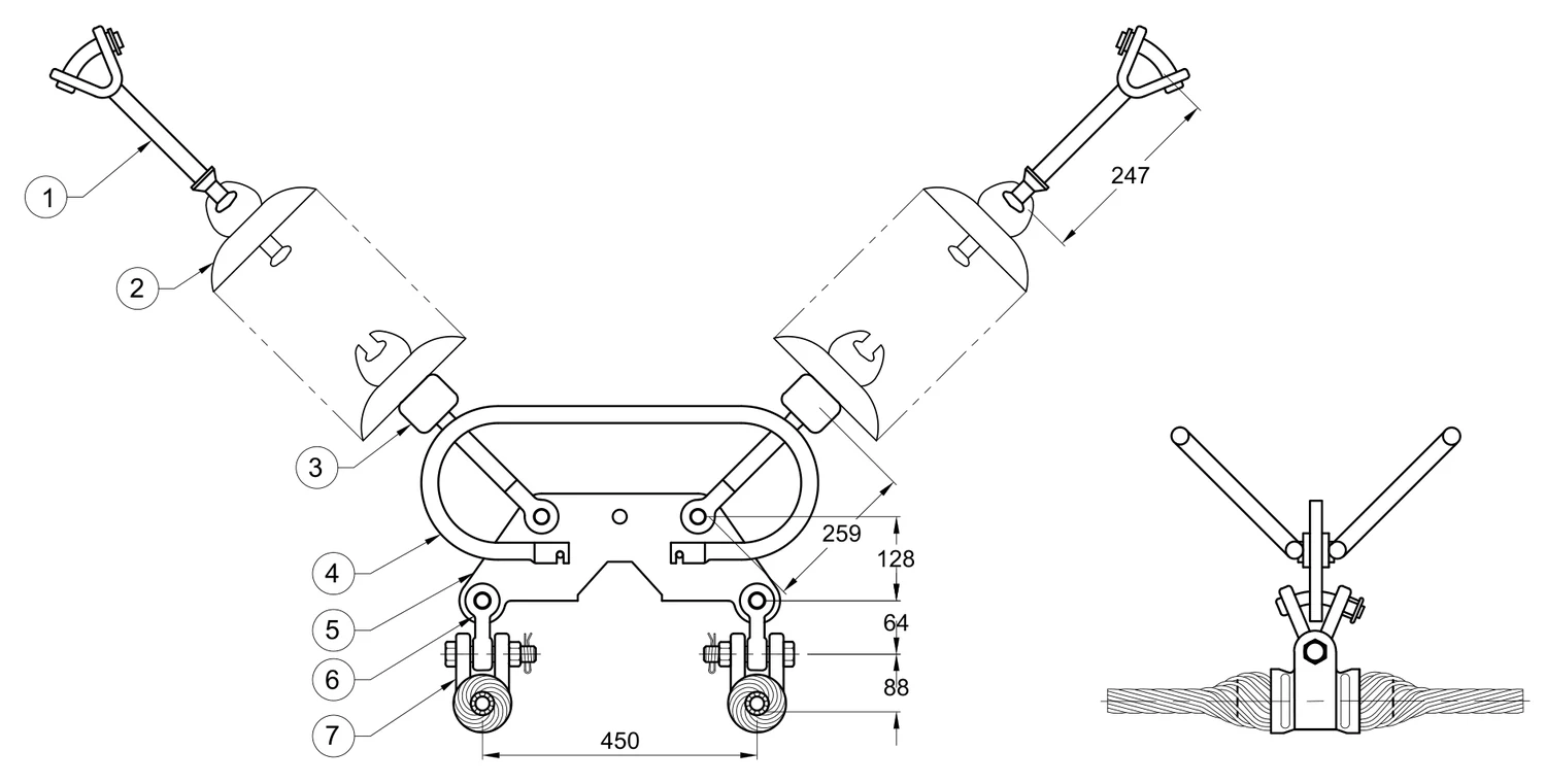 Plano 2D — Conjunto de suspensión en “V” 2 C/F 1113 ACSR 230-400 KV Grapa armada