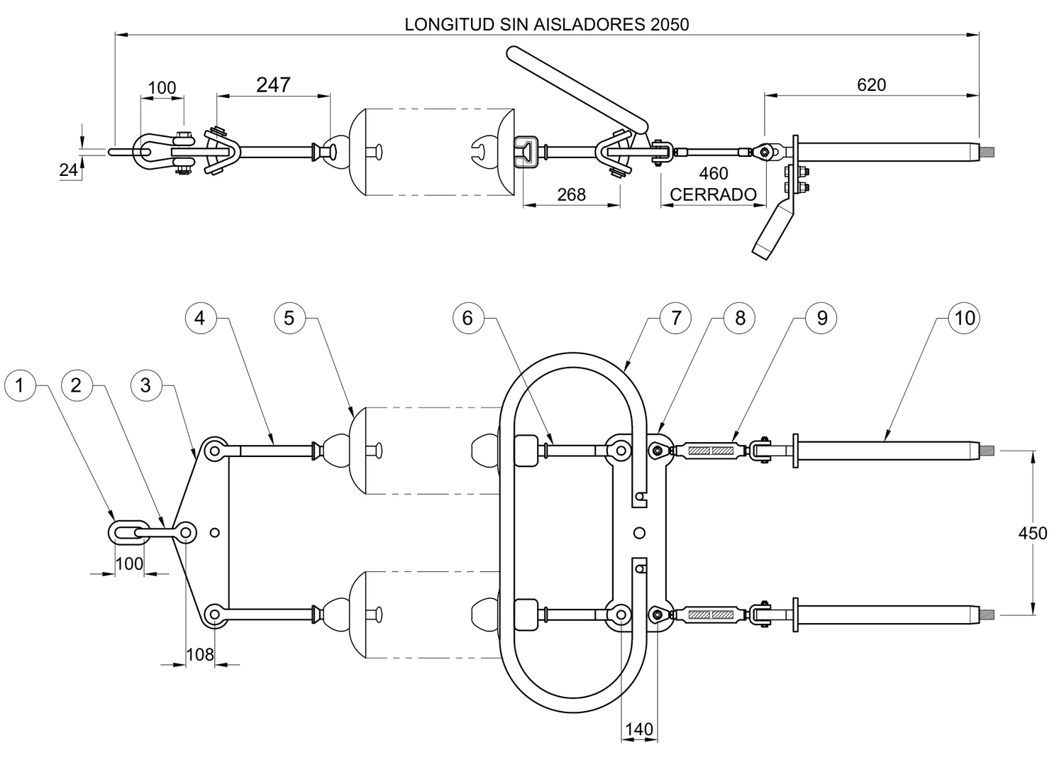 Plano 2D — Conjunto de tensión 2 C/F 1113 ACSR, 230-400 KV