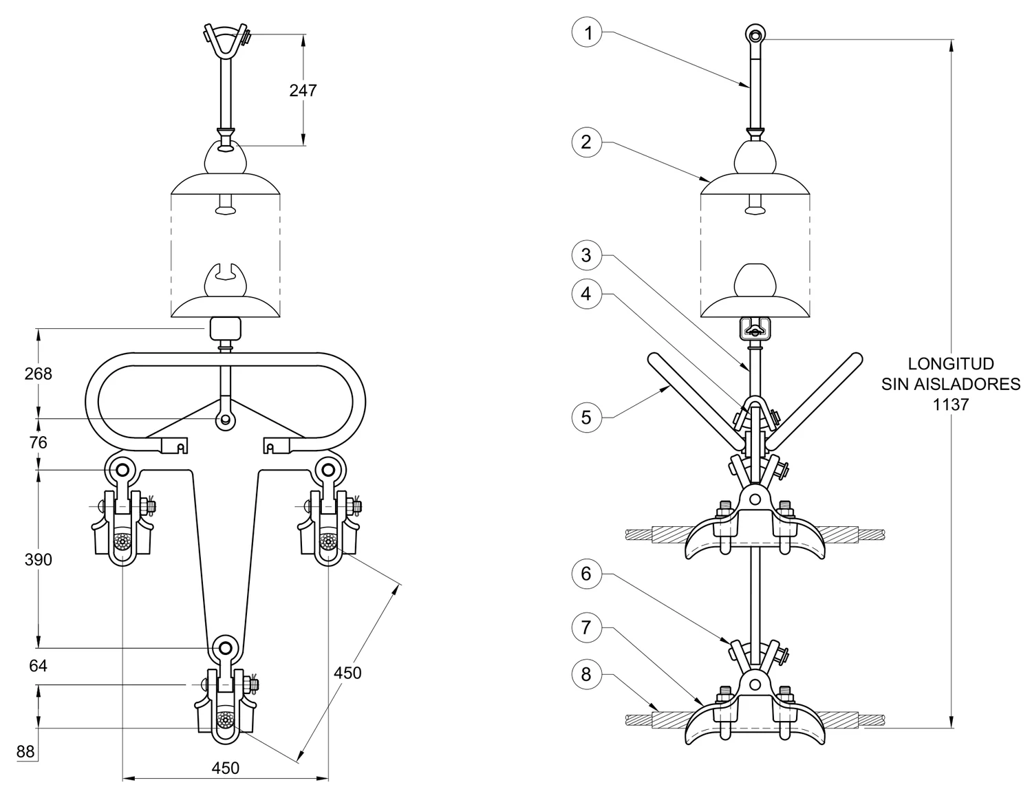 Plano 2D — Conjunto de suspensión vertical 3 C/F 1113 ACSR, 400 KV