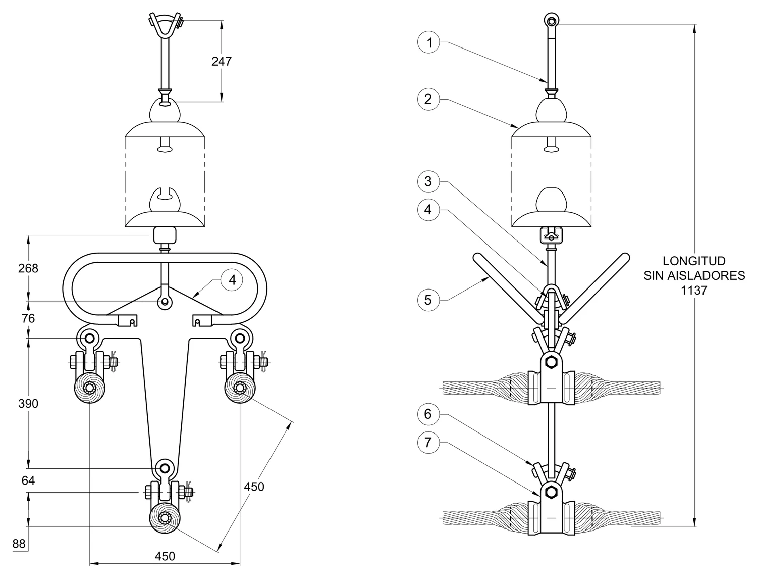 Plano 2D — Conjunto de suspensión vertical 3 C/F 1113 ACSR, 400 KV Grapa armada