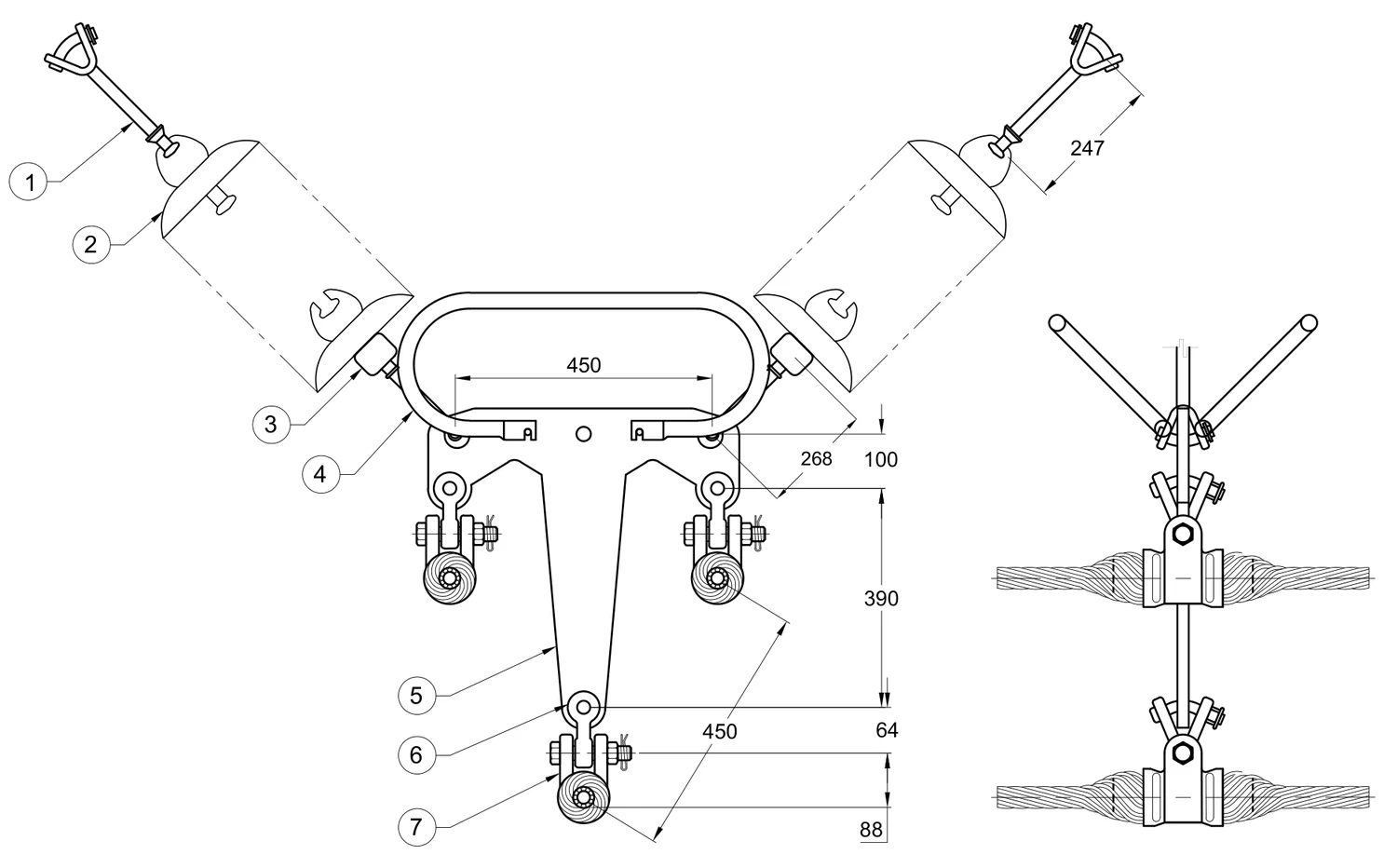 Plano 2D — Conjunto de suspensión en “V” 3 C/F 1113 ACSR, 400 KV Grapa armada