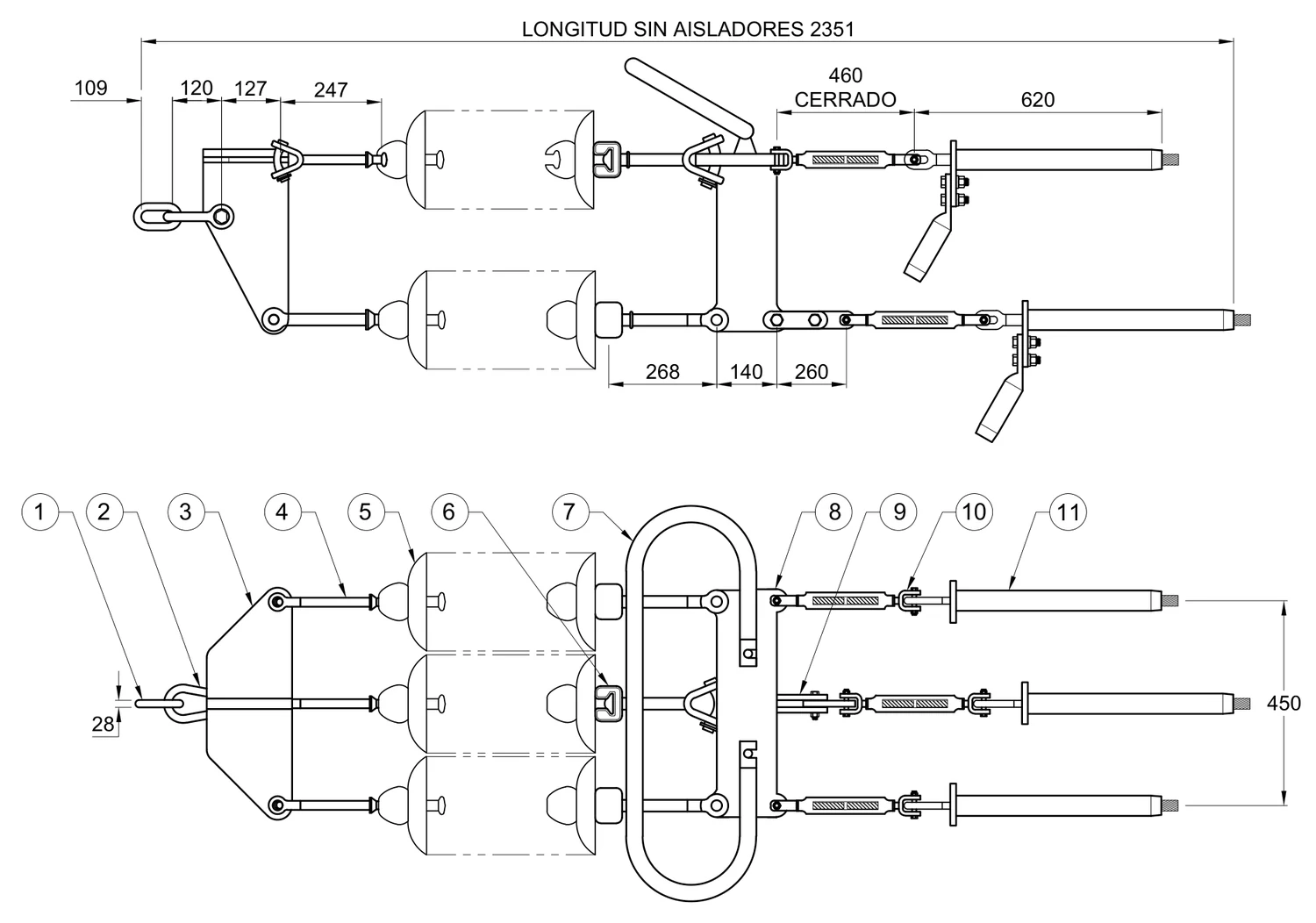 Plano 2D — Conjunto de tensión 3 C/F 1113 ACSR, 400 KV