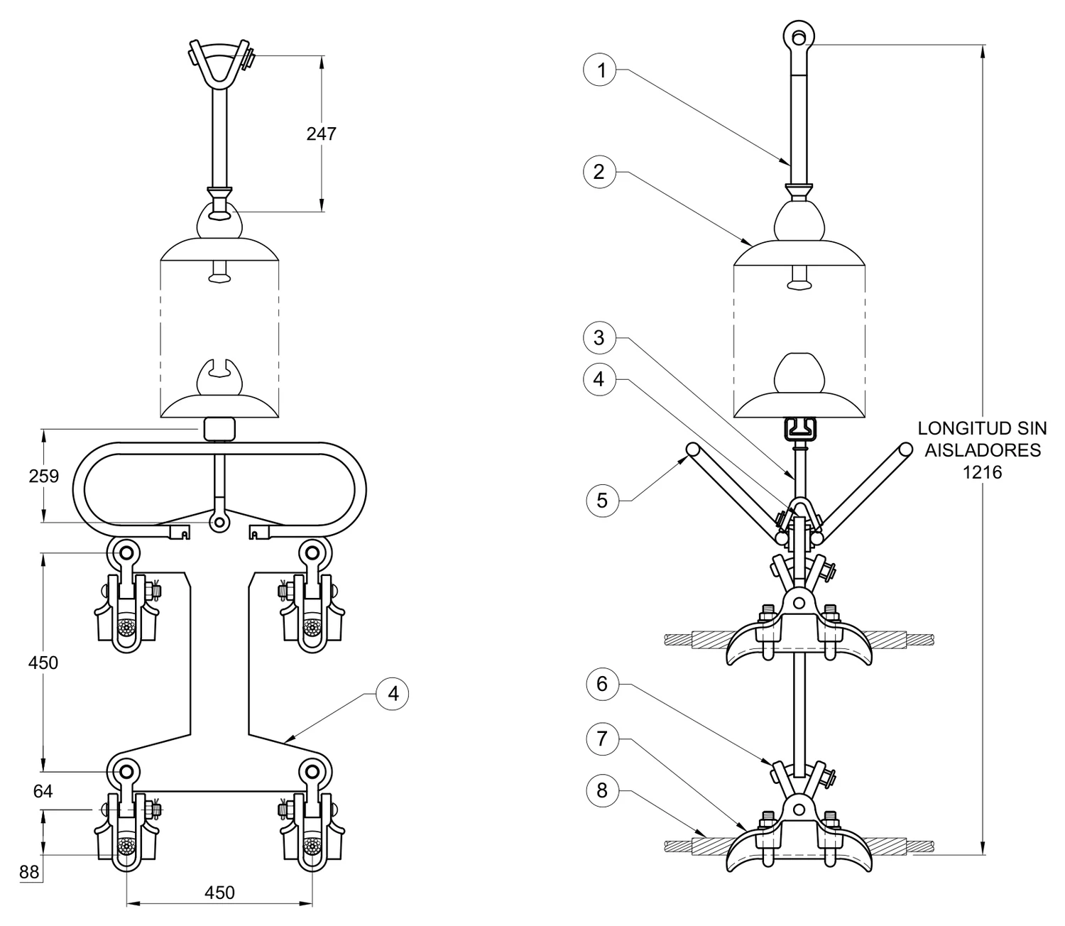 Plano 2D — Conjunto de suspensión vertical 4 C/F 477 ACSR, 400 KV