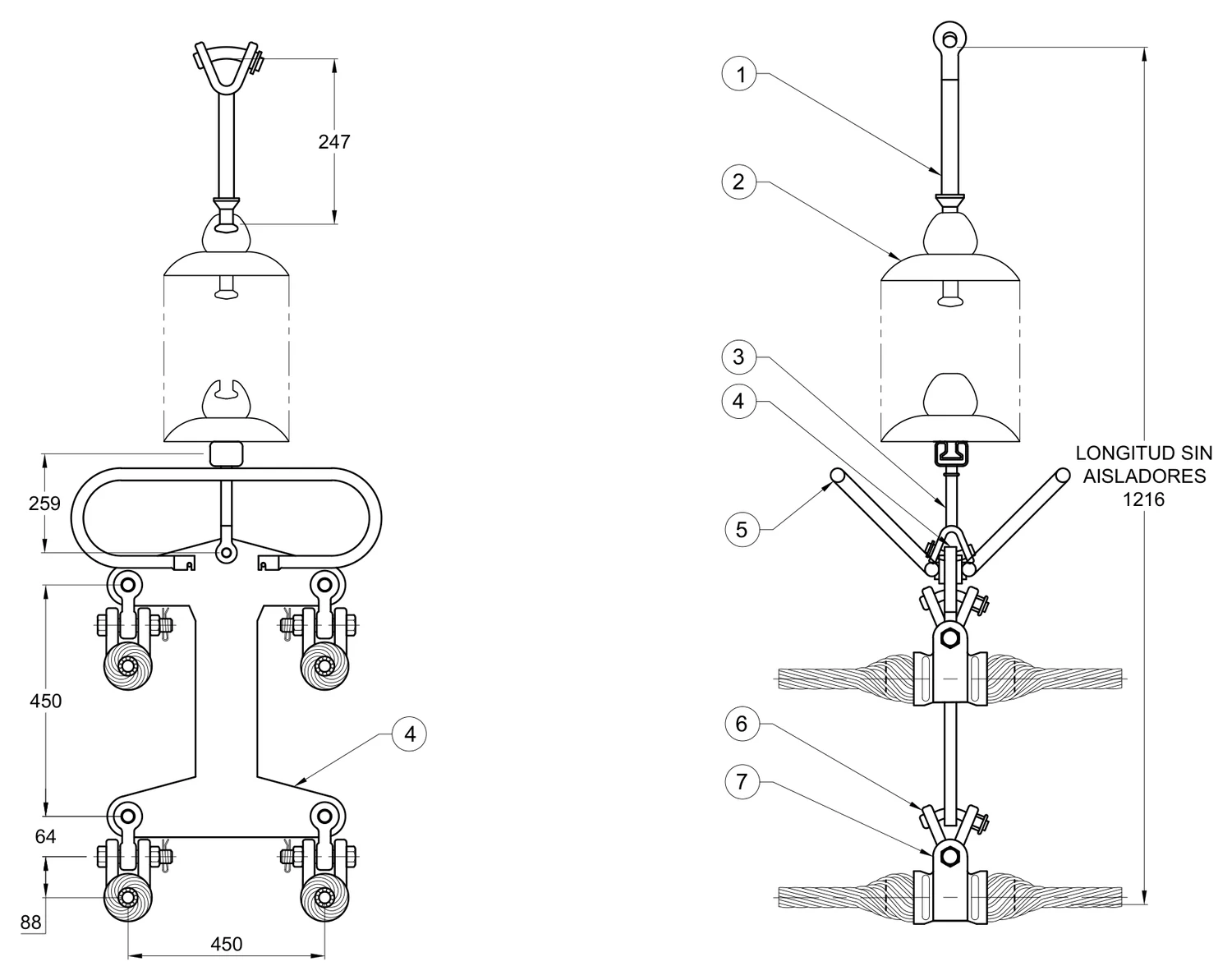 Plano 2D — Conjunto de suspensión vertical 4 C/F 477 ACSR, 400 KV, Grapa armada