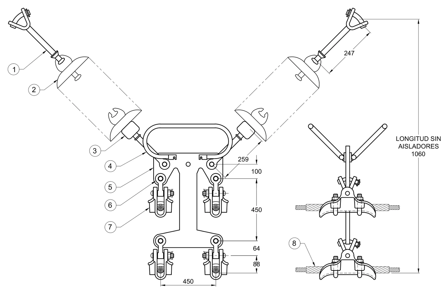 Plano 2D — Conjunto de suspensión en “V” 4 C/F 477 ACSR, 400 KV