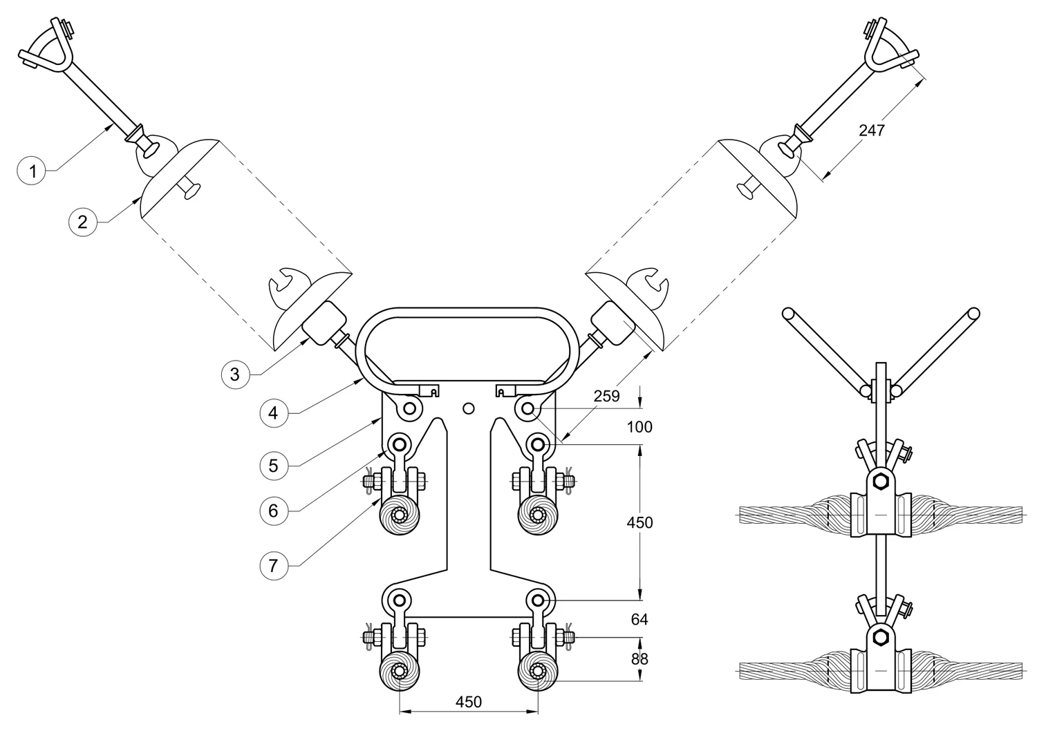 Plano 2D — Conjunto de suspensión en “V” 4 C/F 477 ACSR, 400 KV, Grapa armada