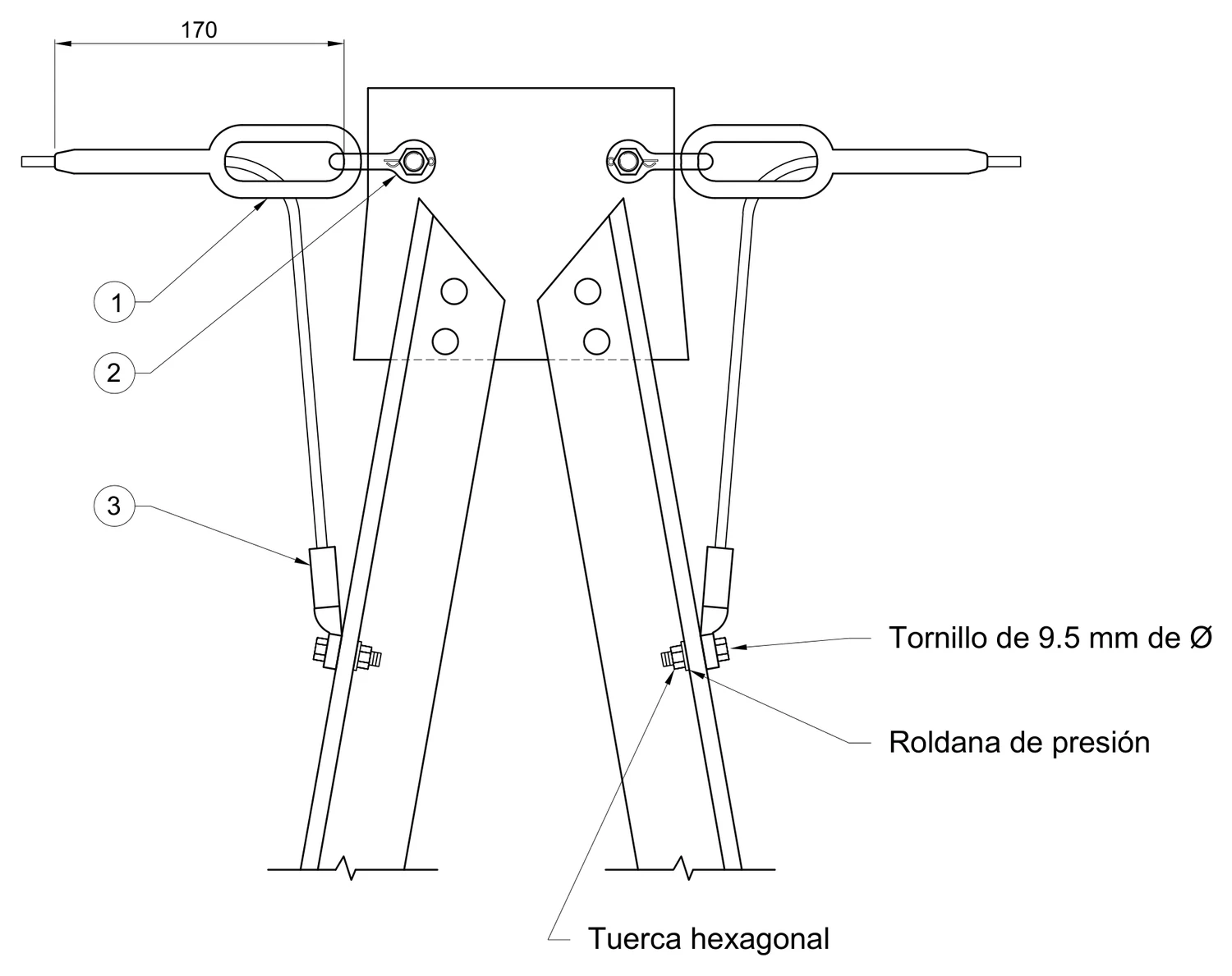 Plano 2D — Conjunto doble de tensión a compresión para cable de guarda de 7#8, 5/16 y 3/8 (9.52-9.78 mm)