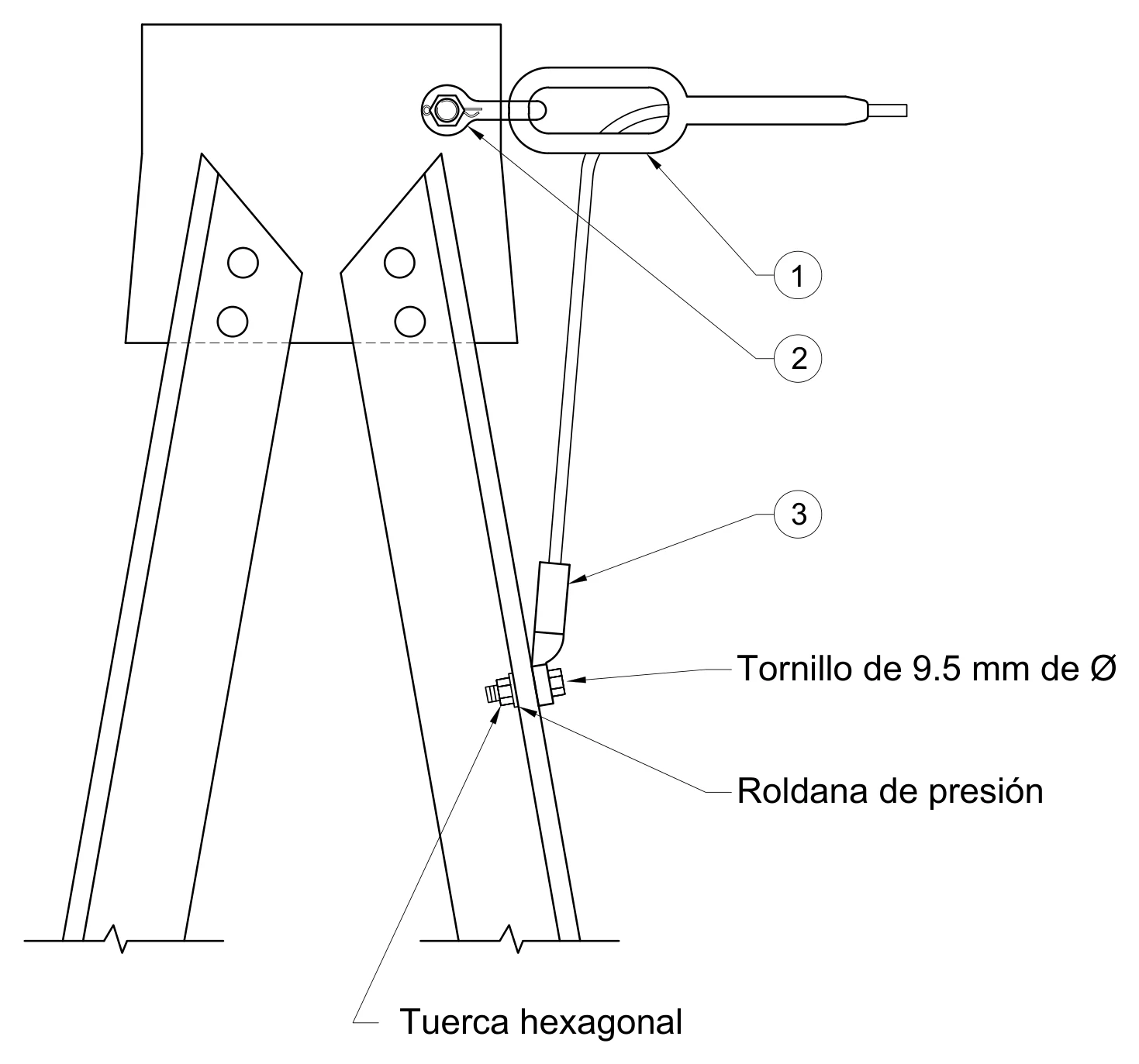 Plano 2D — Conjunto sencillo de tensión a compresión para cable de guarda de 7#8, 5/16 y 3/8 (9.52-9.78 mm)