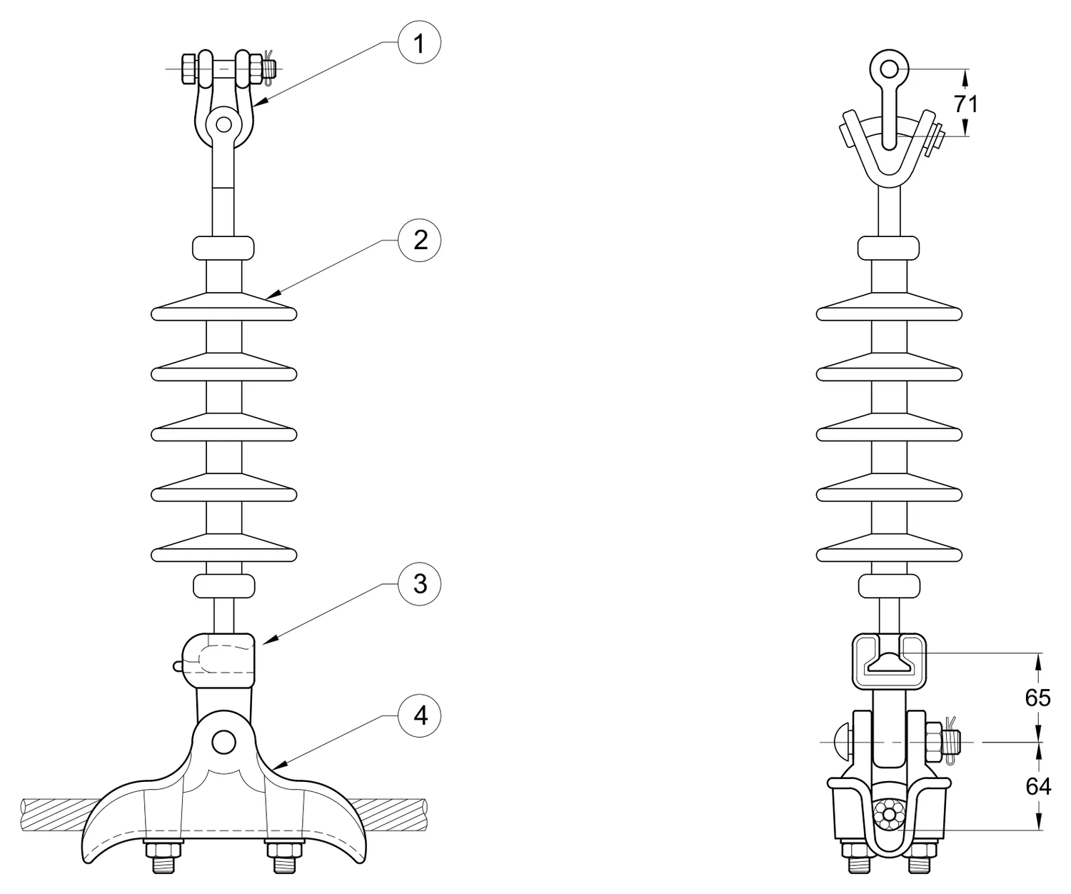 Plano 2D — Conjunto de suspensión 1 C/F con una cadena de aislamiento polimérico, conductor 266-477 ACSR/AS 161KV