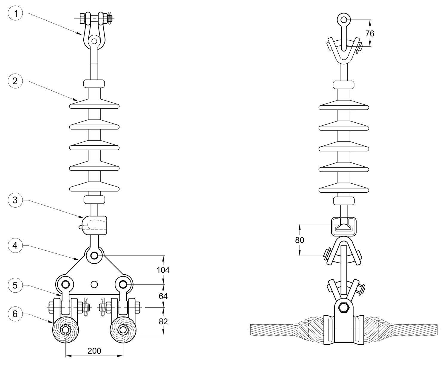 Plano 2D — Conjunto de suspensión vertical, aislamiento polimérico clase 52.5 2 C/F 477, 795, 900, 1113 ACSR/AS 115-230 KV con grapa armada