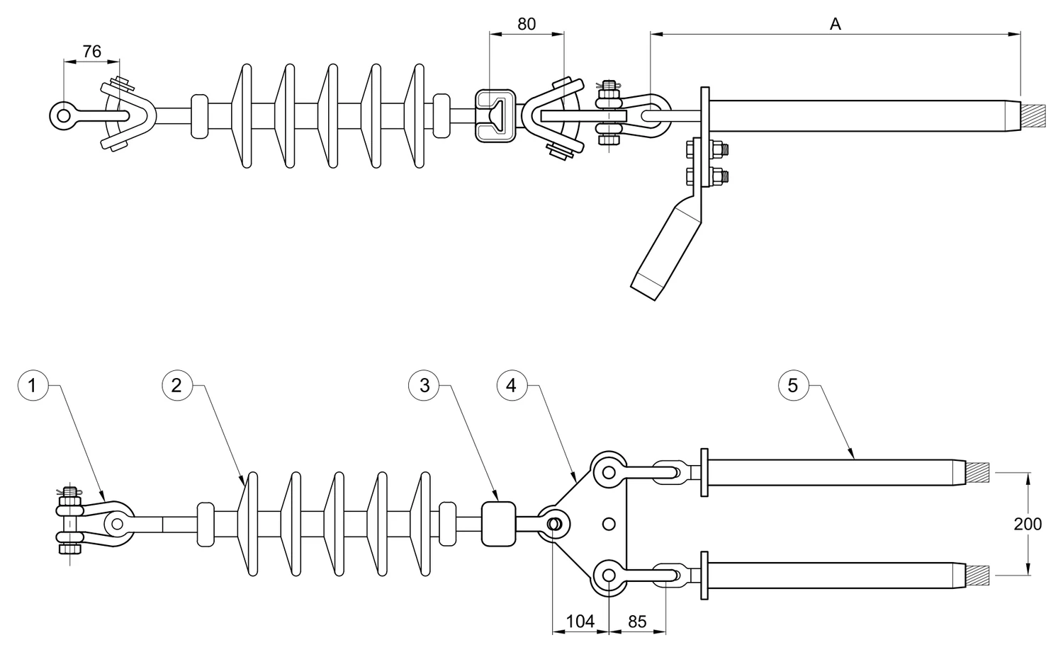 Plano 2D — Conjunto de tensión 1 C/F con aislamiento polimérico clase clase 52.5, conductores 477, 795, 900, 1113 ACSR 115-230 KV