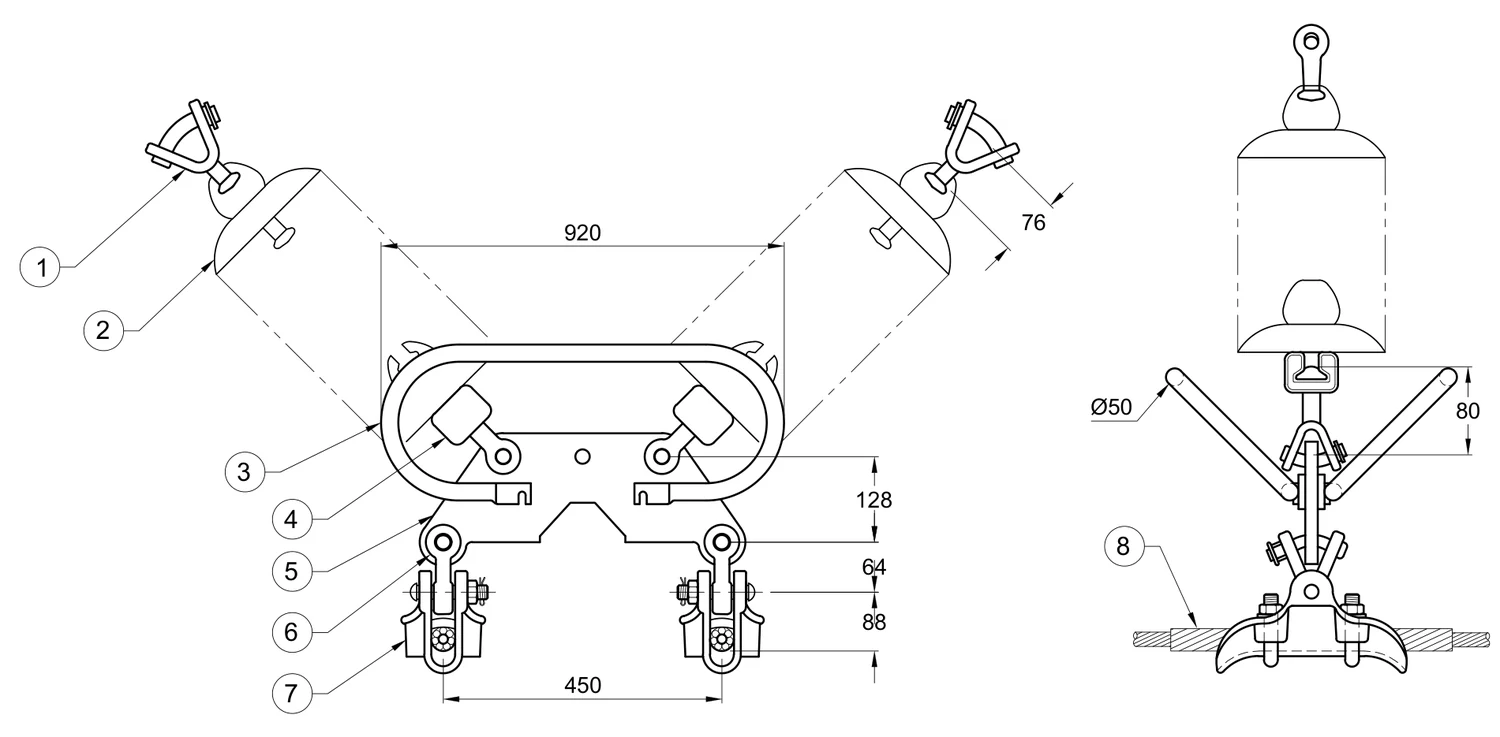 Plano 2D — Conjunto de suspensión en "V" 2 C/F 1113 ACSS, 400 KV (Alta temperatura)