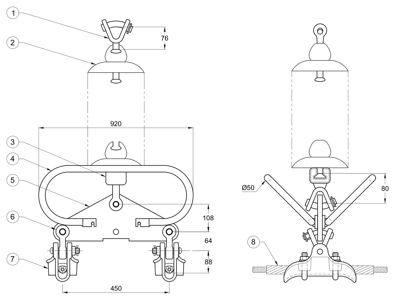 Plano 2D — Conjunto de suspensión vertical 2 C/F Conductor 1113 ACSS 400 KV (Alta temperatura)