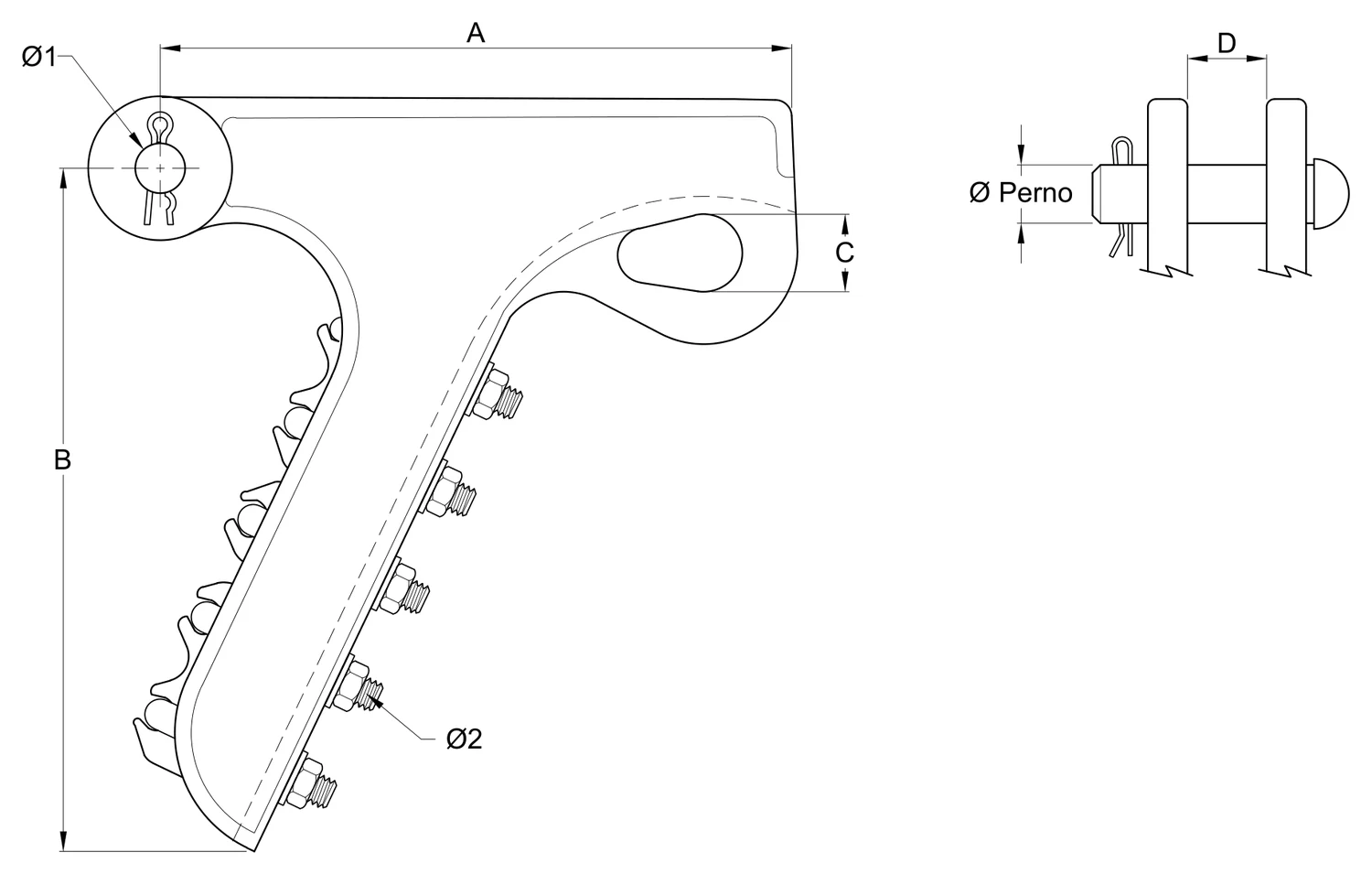 Plano 2D — Grapa tipo pistola
