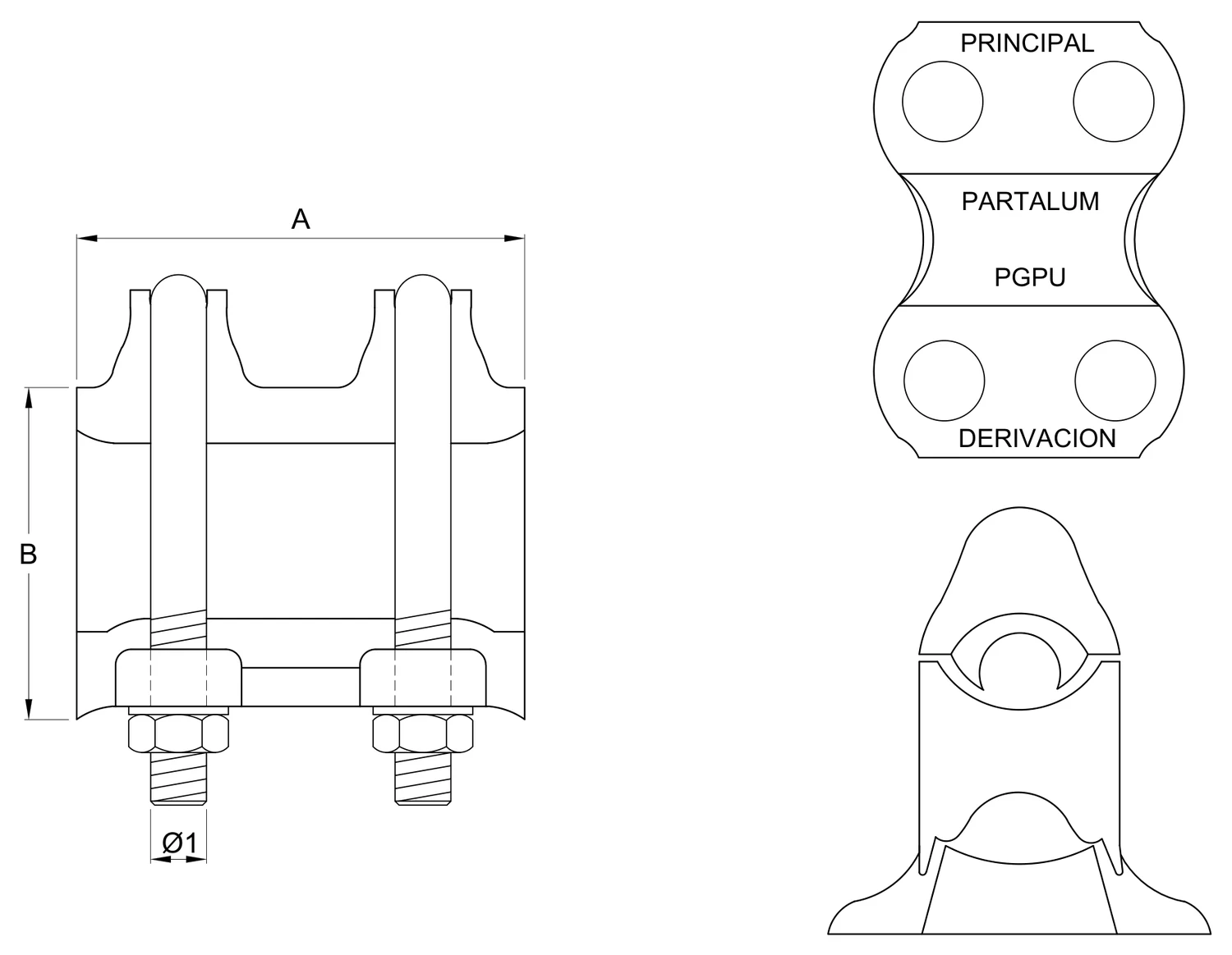 Plano 2D — Grapa tipo derivación conector "U"