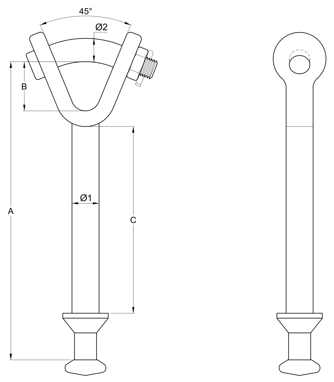 Plano 2D — Horquilla "Y" Bola Larga